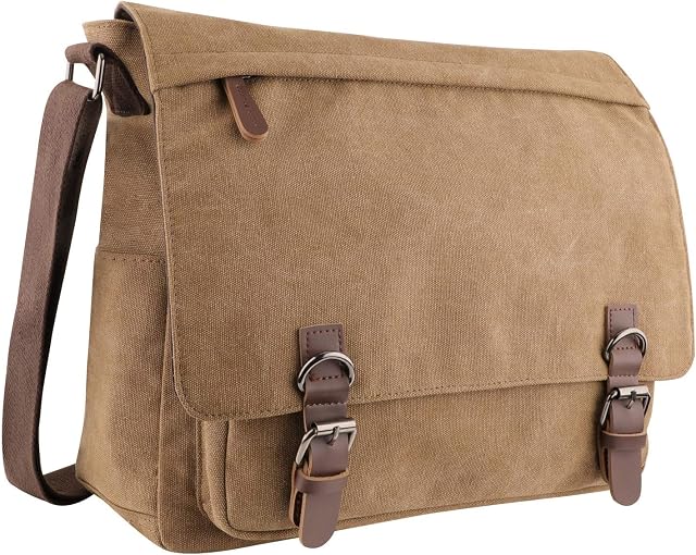 AIZBO Men's Canvas Shoulder Messenger Bag, Crossbody Day Bag 15 Inches Laptop Bag Satchel Bag for work(Brown)