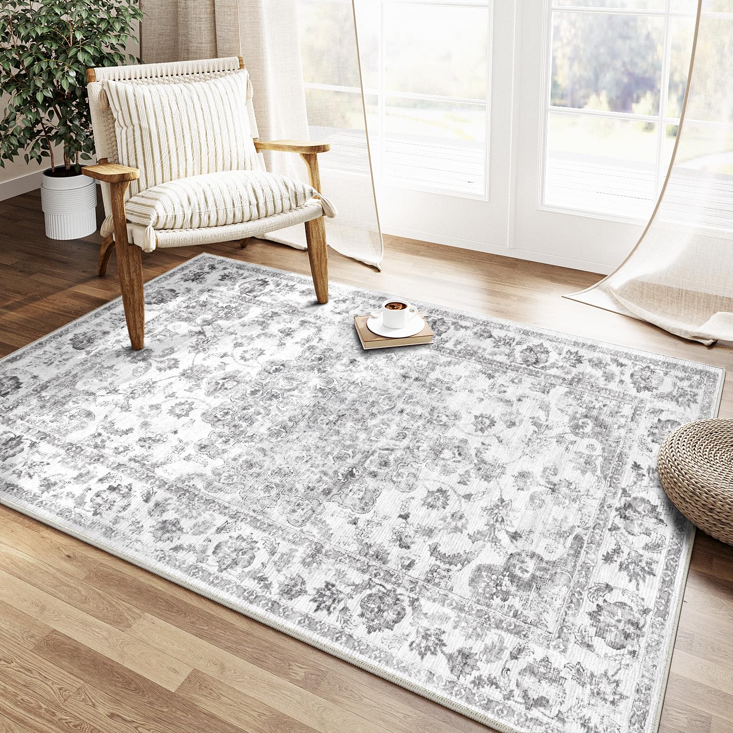 HUGEAR Vintage Rugs Living Room Grey Large Area Rug 120x170cm Non Slip Washable Hall Lounge Bedroom Kitchen Office Dining Room Indoor Carpet Low Pile Big Carpets