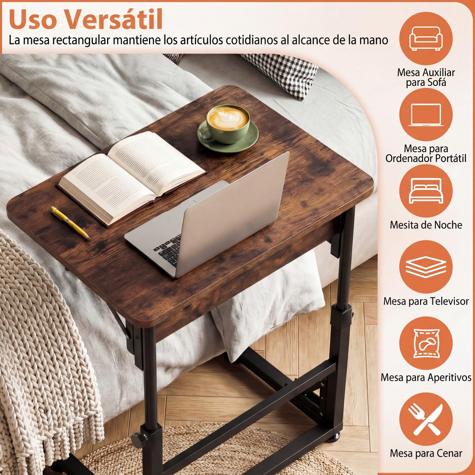 COSTWAY Mesa Auxiliar Plegable en Forma de C, Mesita Lateral para Sofá, Altura Ajustable y Estructura Metálica, Escritorio Industrial para Ordenador Portátil, Salón, Dormitorio, 59,5 x 39 x 51-66 cm