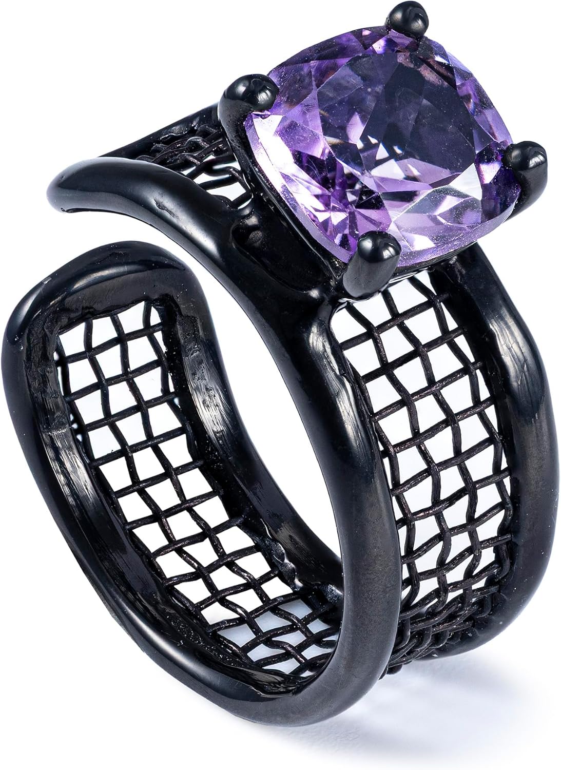 GERMAN KABIRSKI Mistral Open Band Ring with Amethyst in Anthracite Plated Silver and Titanium Mesh Modern Design Nickel-Free, Hypoallergenic