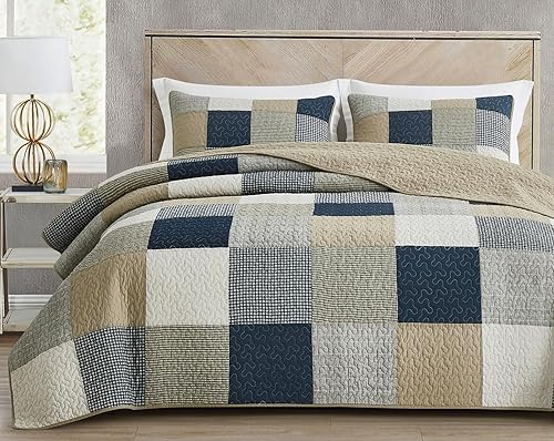 Vista 176 de Chezmoi Collection Samuel Juego de colcha con relleno de cuadros gris pardo, blanco y azul marino, 3 piezas, retales, algodón prelavado, ligero