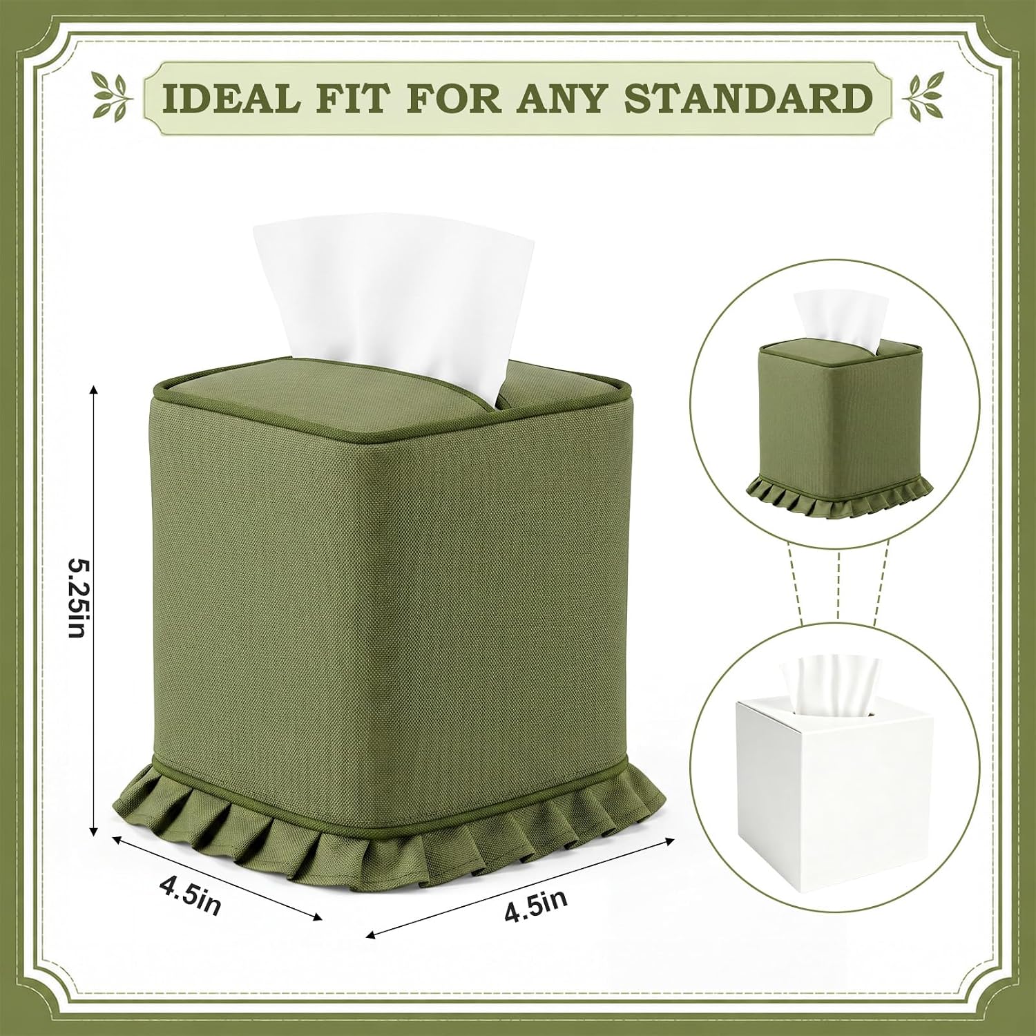 Thenshop Olive Green Ruffled Tissue Box Cover Square Cotton Napkin Holder image 3
