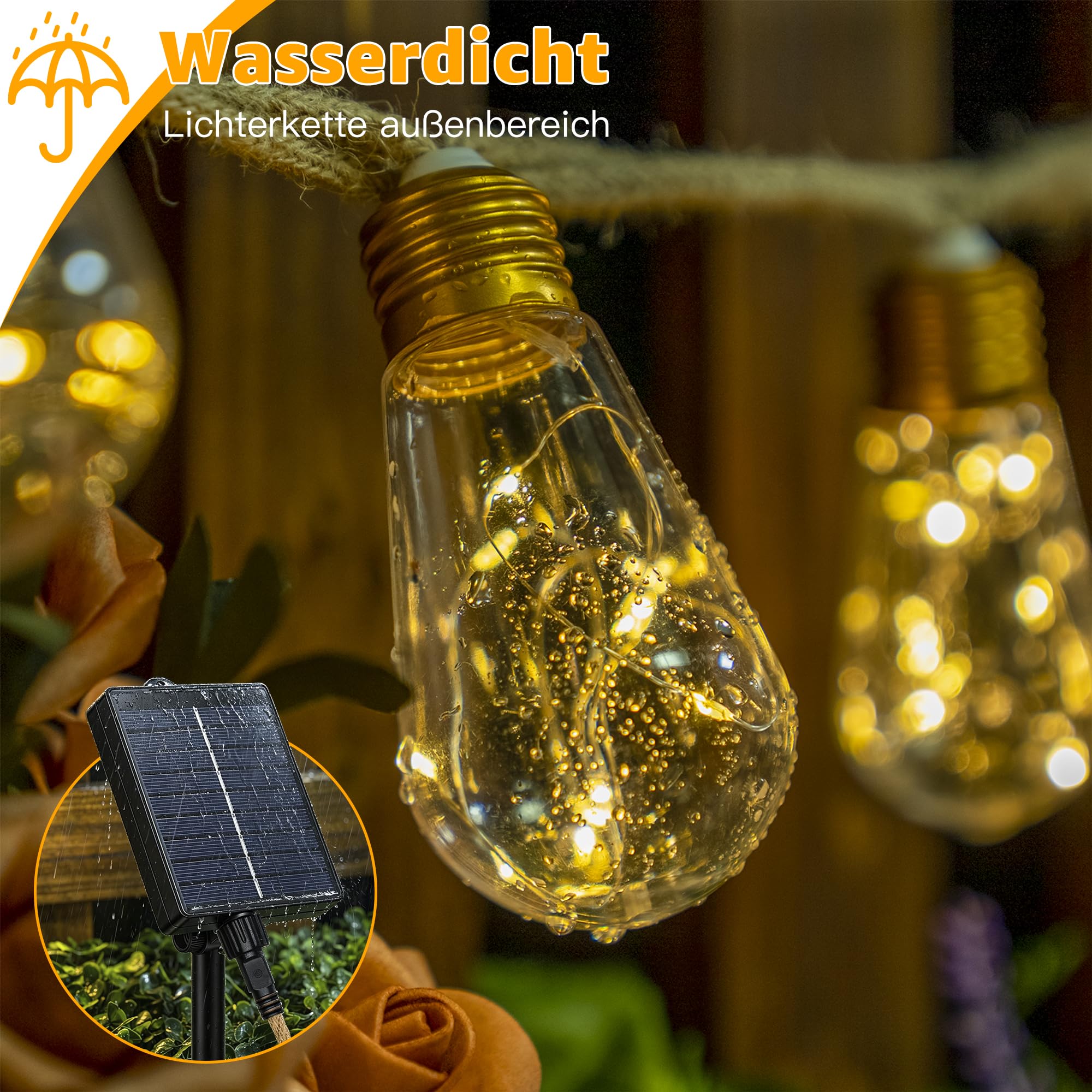 Ollny Solar Lichterkette Aussen, mit 24 S17 Glühbirnen 12M Lichterketten Außen Wetterfest, 8 Modi Timer Dimmbar für Vintage Deko Garten Balkon Terasse Hochzeit Party