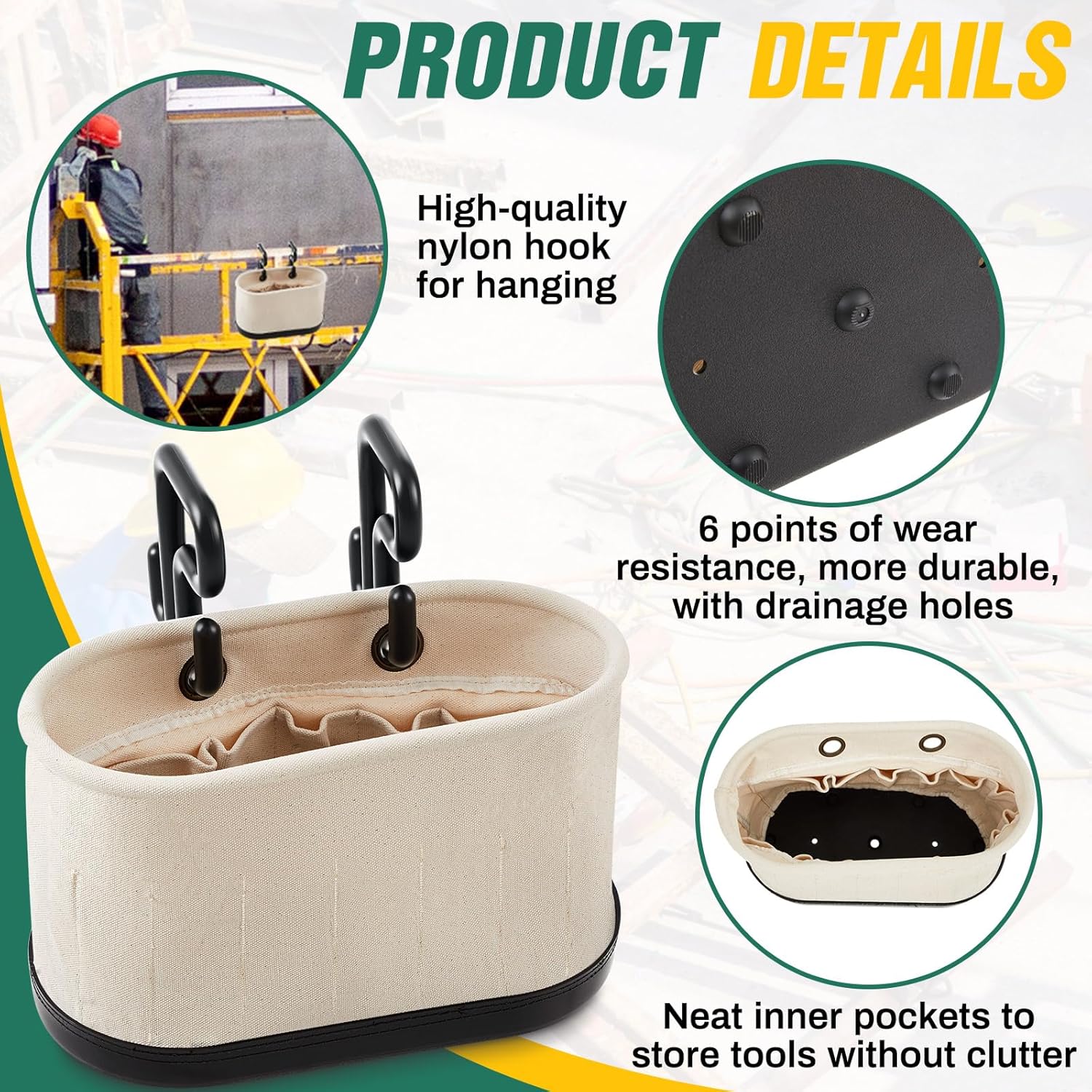 Vesici 1 Set Canvas Bucket Bag Including Hooks Aerial Oval Tool Bucket with Black Polypropylene Bottom 15 Interior Pockets Tool Organizer for Industrial Maintenance Construction Sites (White)