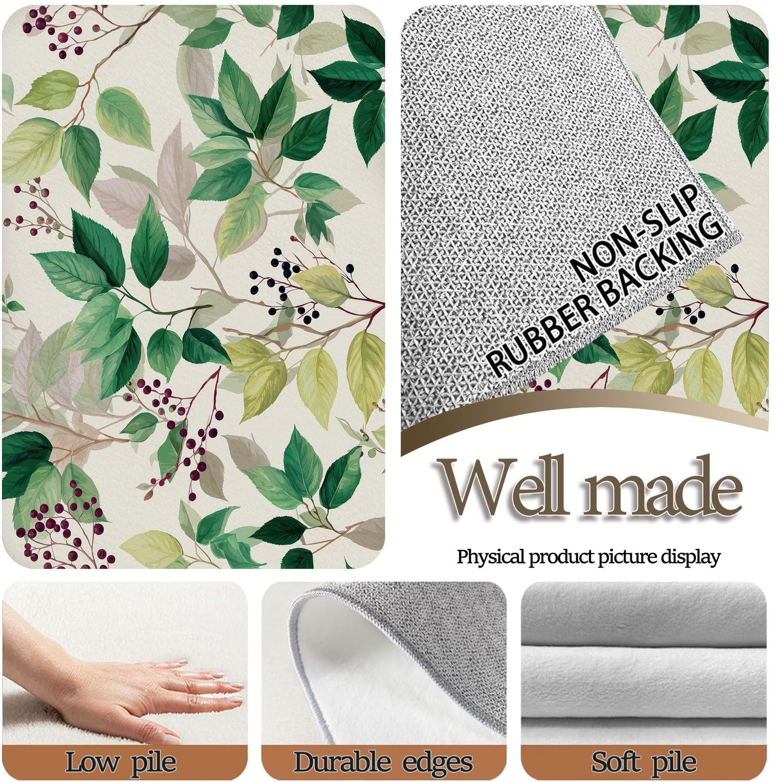 Vert Sauge Tapis Salon 140 x 200 cm, Lavable Minimaliste Aquarelle Plantes Feuilles Tapis à Faible Poil Doux Chambre à Coucher Antidérapant pour Salle à Manger Chambre d'enfants Bureau à Domicile