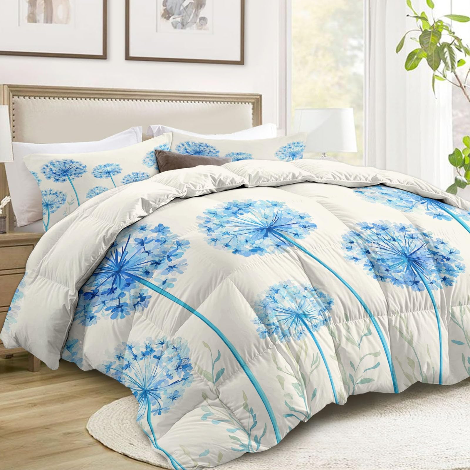 Edredón de 135 x 200 cm, diseño de plantas y flores, estampado 3D, color azul claro, para las 4 estaciones, edredón para todo el año, lavable, para niños y niños