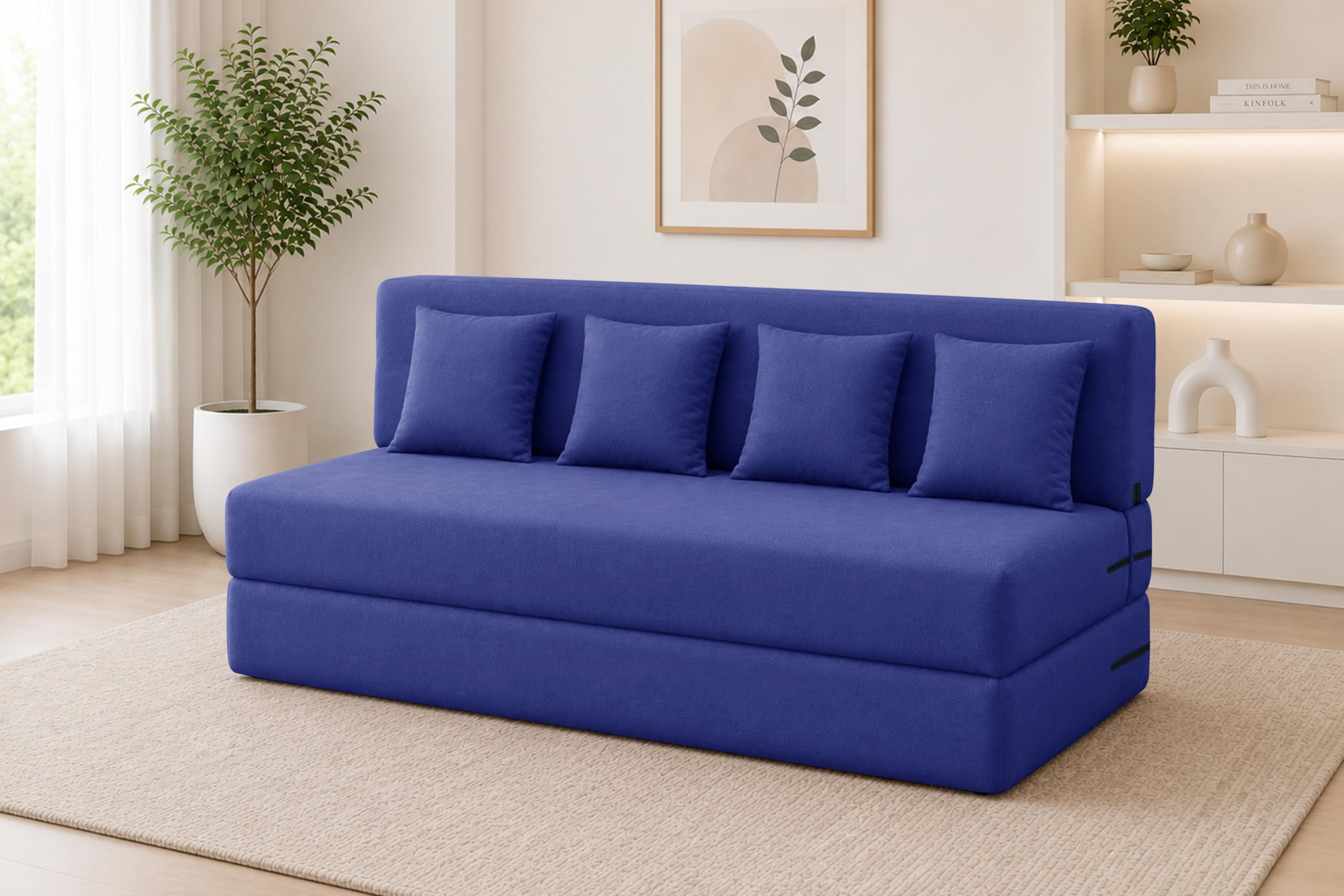 Los Angeles Foldable Four Seater Sofa Cum Bed, Sofa Bed 6 X 6 Ft, Jute Fabric Washable Cover- Including Four Cushion Perfect for Living Room - Blue Color