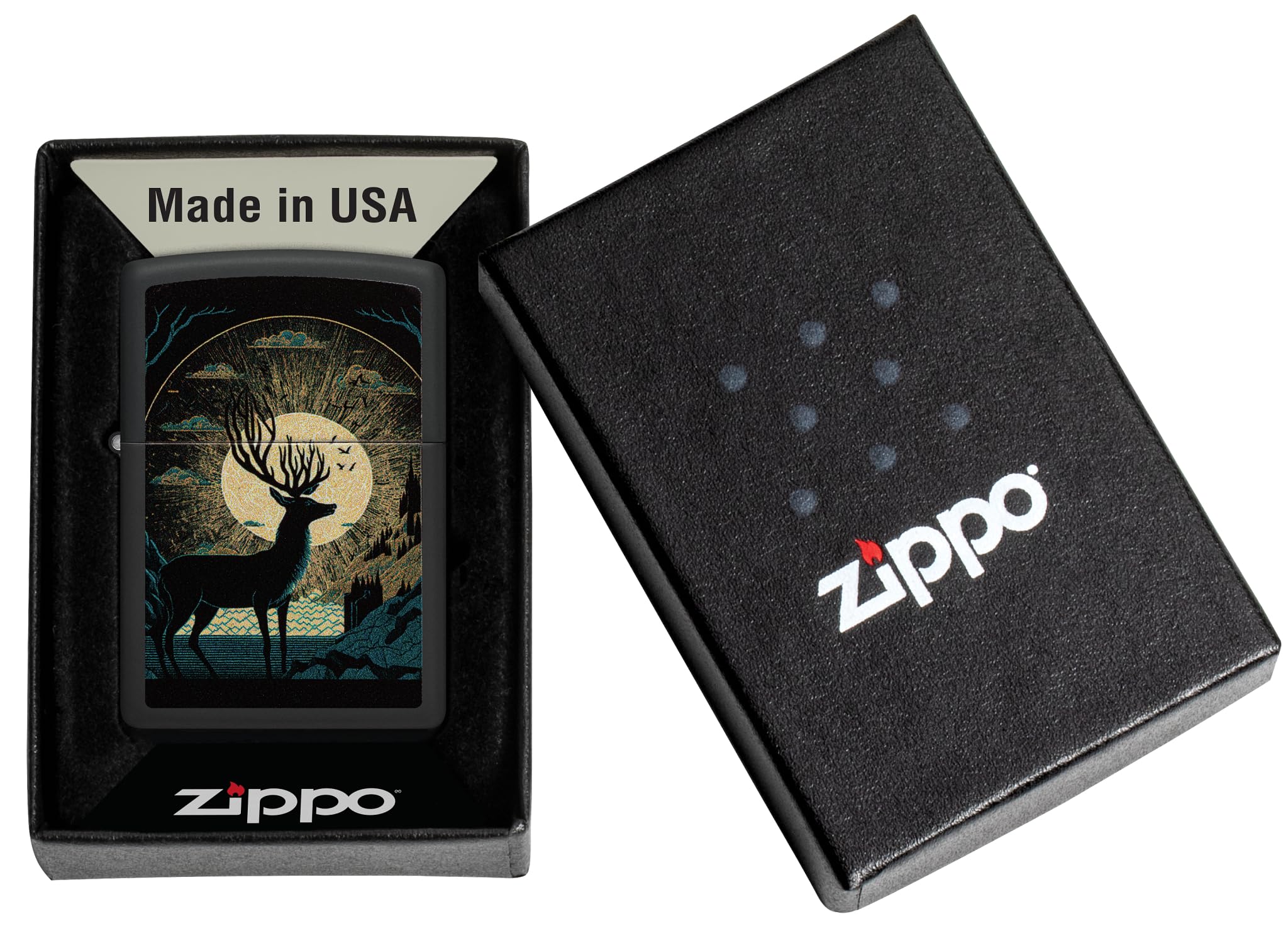 Zippo Sturmfeuerzeug - Surreal Deer, Black Matte, Color Image - Nachfüllbar - Wiederverwendbar - Windfestes Design - Geschenkbox - Made in USA