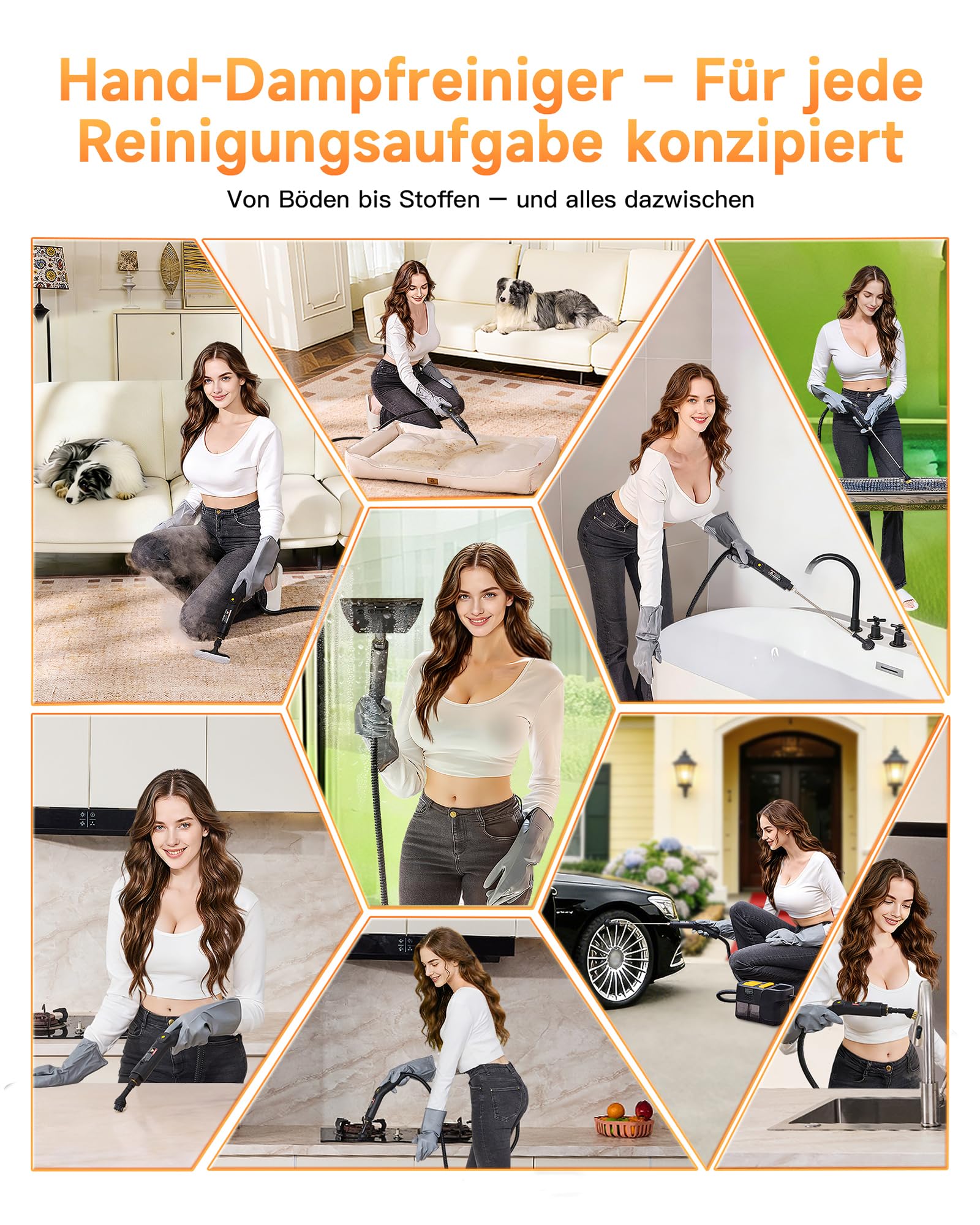 Gautye Dampfreiniger 3 stufig verstellbarer Griff, 10 Sekunden Aufheizzeit, 2L Wassertank, steam cleaner mit 18 Zubehörteilen, Dampfreiniger handgerät für Küche, Badezimmern, Boden, Autos, Fenstern