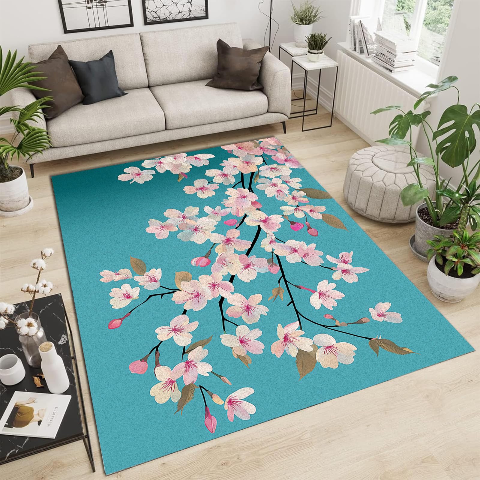 Tapis salon fleur de cerisier rose 120x180cm de style moderne