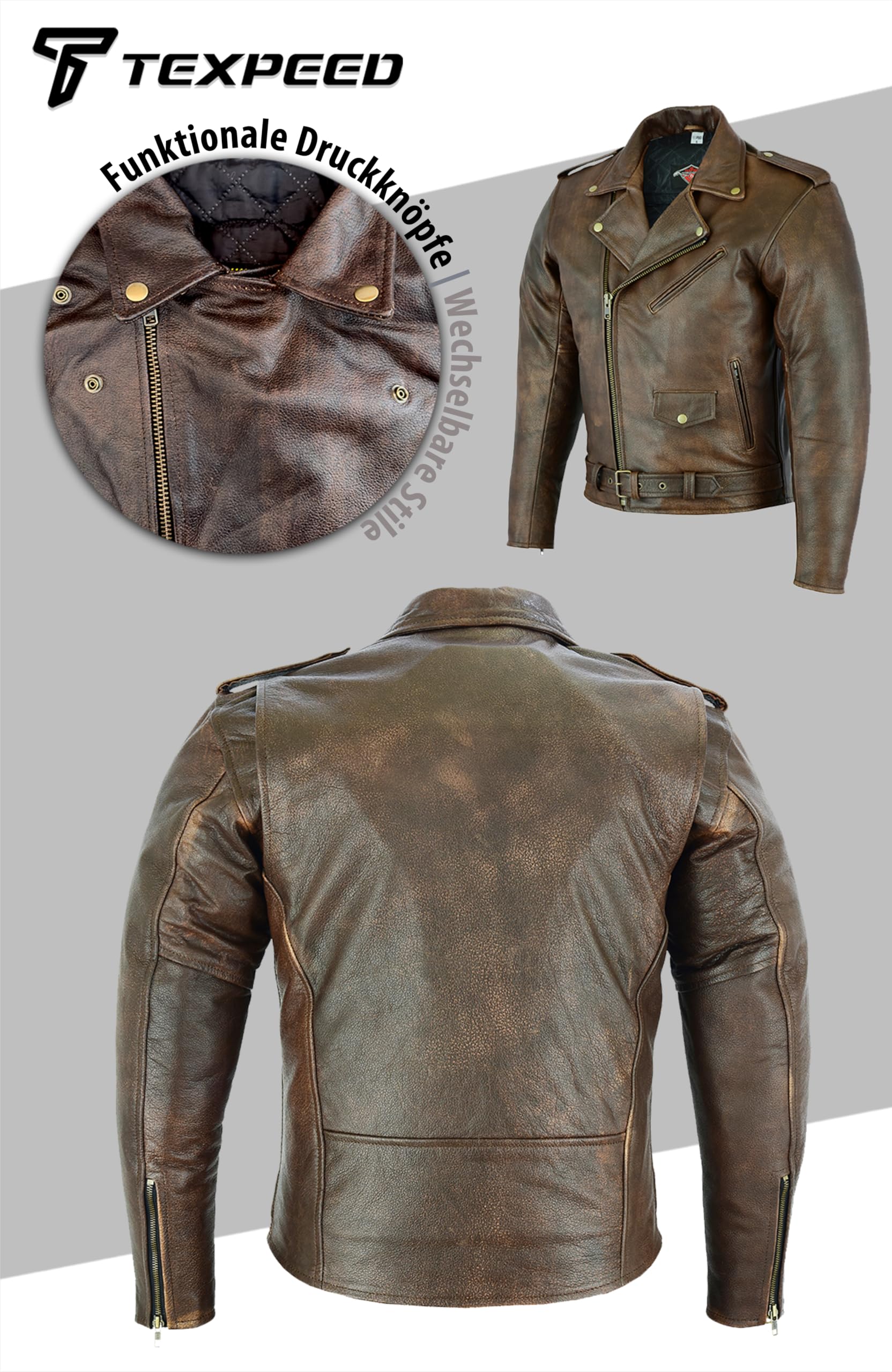 Texpeed Braun Motorrad lederjacke herren mit protektoren - Marlon Brando Retro Chopper Rockerjacke - Mit Original Biker Rüstung (EN 1621-1) Schutz L
