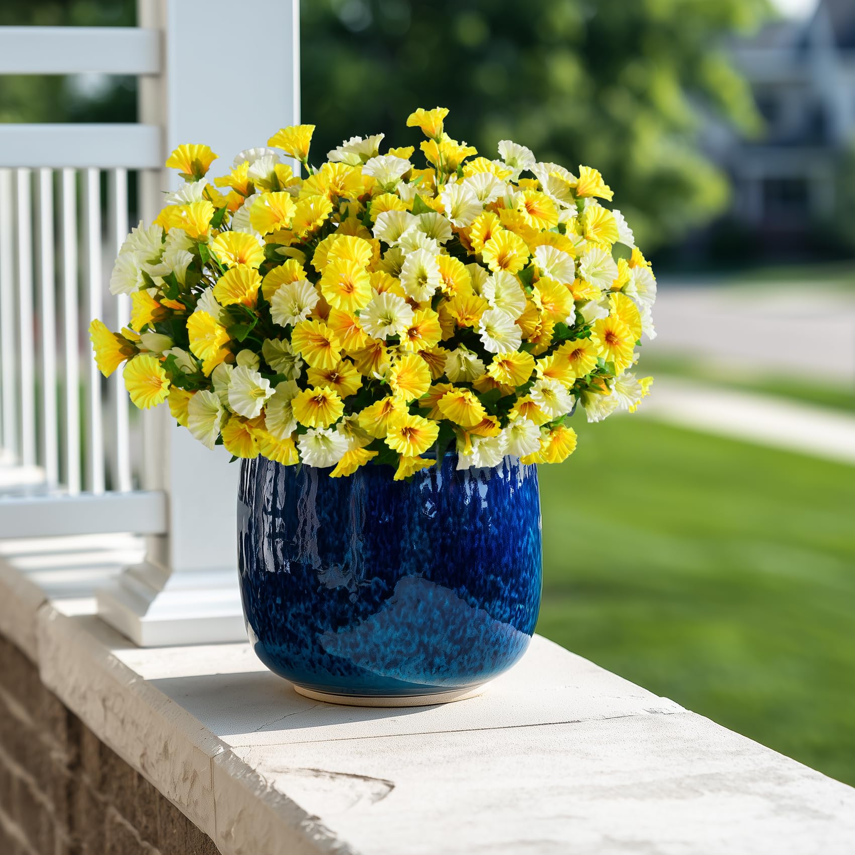 Artificial Morning Glory Flowers Plants for Outdoor 8 Pcs Faux Silk Petunias Flower Realistic Faux Flowers Plants for Outside Planter Porch Yard Patio Balcony Home Indoor Decor (8 Pcs Yellow+White)