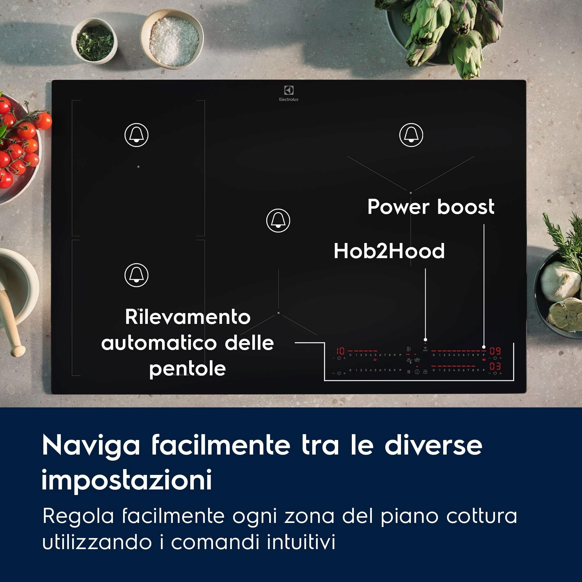 Electrolux Piano Cottura Induzione da Incasso, KIS62453I, 60 cm, Serie 700, 4 Fuochi, Zona Combinata Flessibile, Funzione Hob2Hood, SenseBoil, Comandi Slider Touch, Funzione Sicurezza Bambino