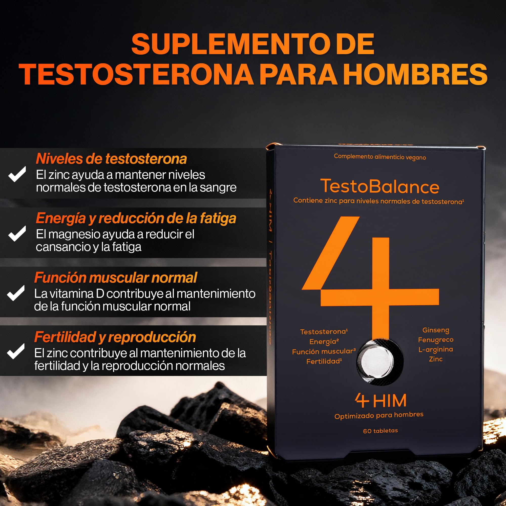 4 HIM TestoBalance Suplementos Testosterona Hombre – ZMA, Ginseng & Fenogreco – Zinc para Niveles de Testosterona – Magnesio, B6, L-Arginina & Selenio – 60 Tabletas Veganas – Certificado GMP