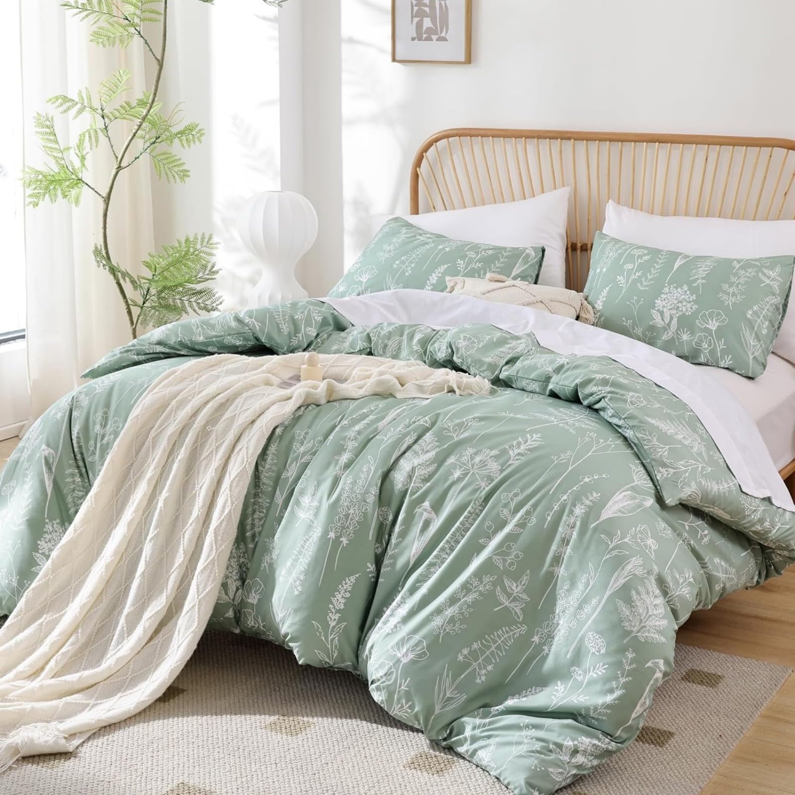 Tospass Bettwäsche 200x220 cm Blumen Blätter Pflanzen Muster Hellgrün Bettwäsche Set Floral Bettbezug Mikrofaser Wende Bettwäsche 1 Deckenbezug mit Reißverschluss 2 Kissenbezug 80x80 cm