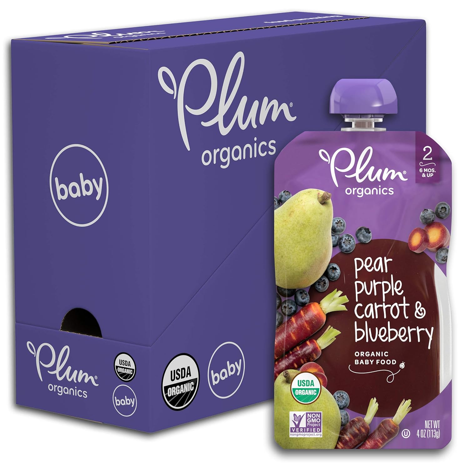 plum organics stage 2, organic baby food, pear purple carrot and blueberry, 4.0 ounce pouch (pack of 6)