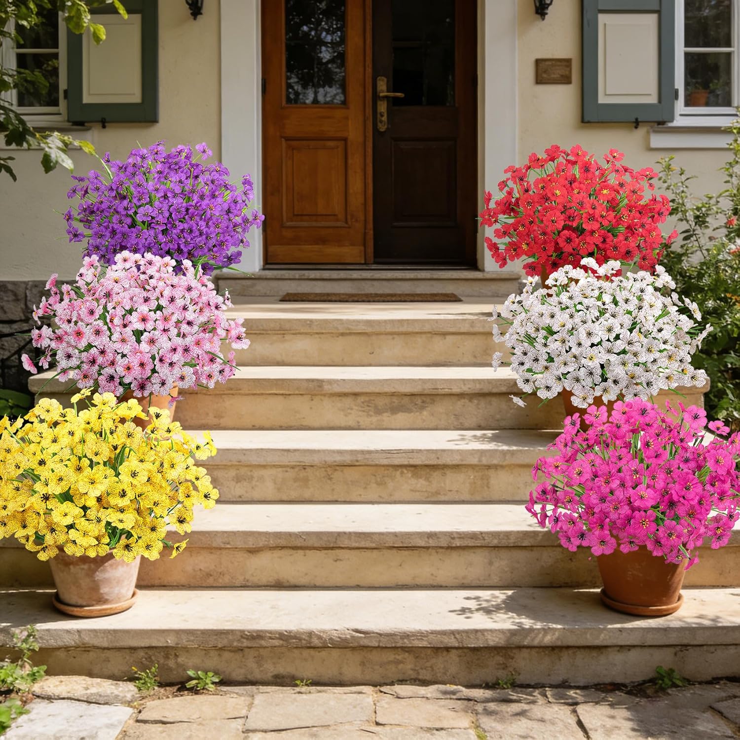 Roberly 24 Bundles Artificial Flowers for Outdoors UV Resistant Silk Fake Flowers Faux Plastic Plants for Porch Garden Window Box Indoor Outdoor Spring Summer Home Farmhouse Decor, White