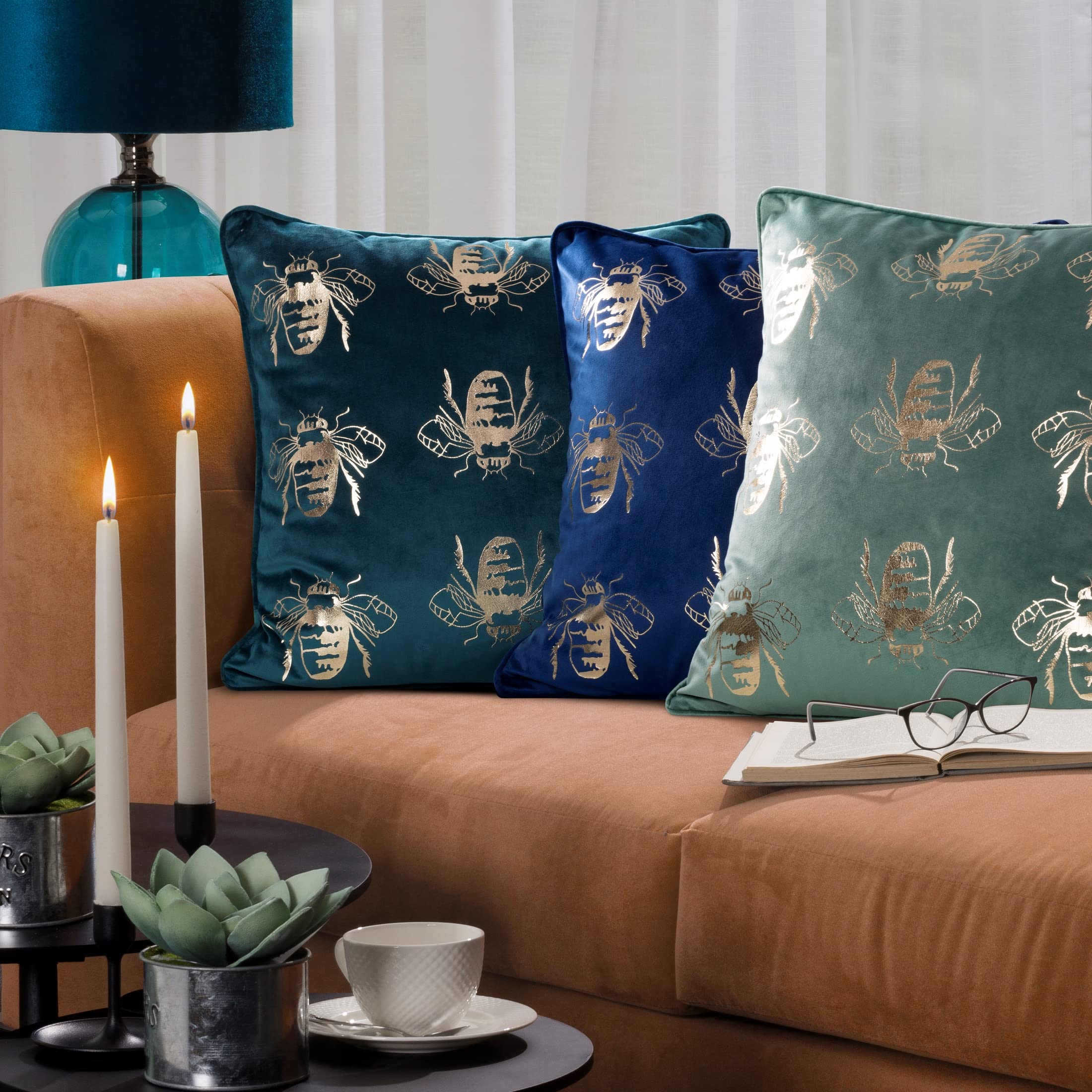 Eurofirany Federa Per Cuscino In Velluto 45x45 Cm – Stampa Loto E Libellula, Oro E Argento, Morbida