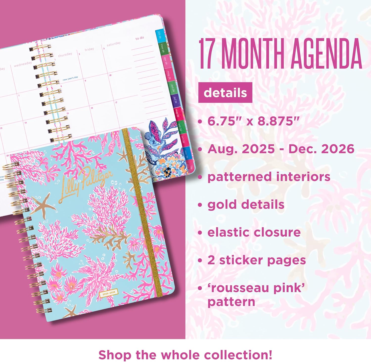 Lilly Pulitzer Large Monthly Planner August 2025 - December 2026, Monthly Agenda & Calendar, Stickers, Pockets, & Spiral Binding (Royal Coral)