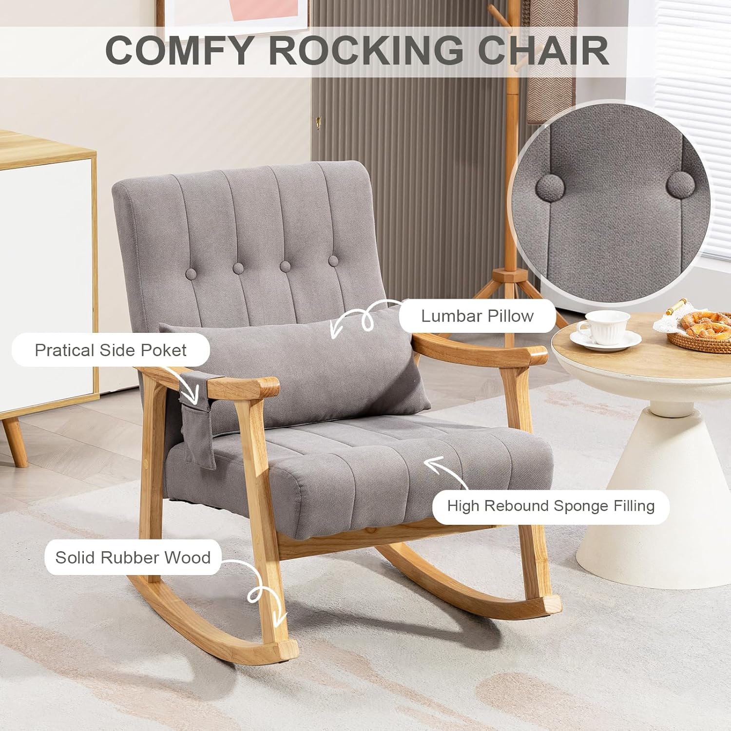 Features of the MELLCOM Rocking Chair including lumbar pillow, side pocket, solid rubber wood, and high rebound sponge filling.