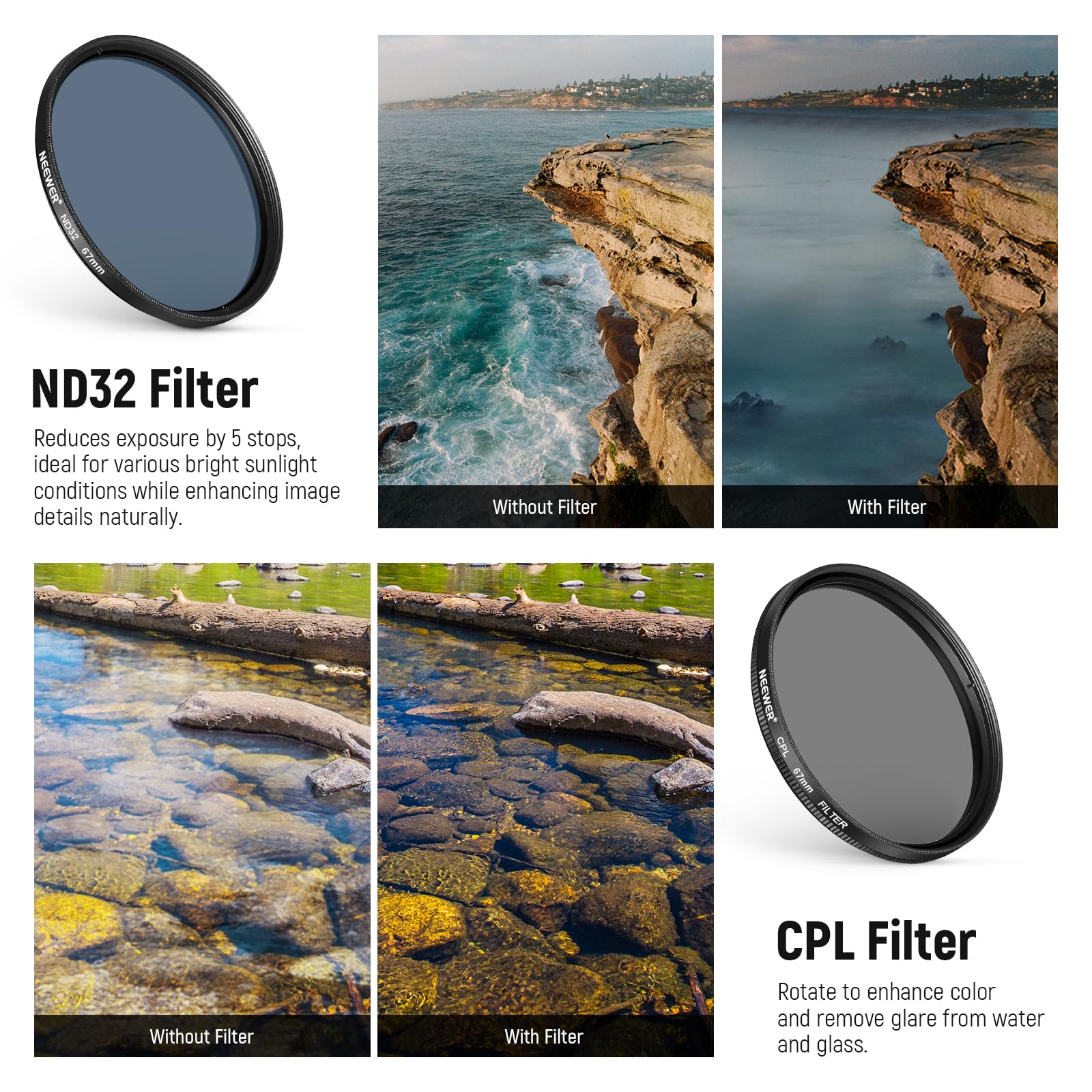 NEEWER Set Filtro ND 67mm 7pz Compatibile con Android Samsung Google Pixel Huawei Xiaomi, CPL+ ND32 + Starlight +GND (Rosso/Arancione/Giallo/Blu), Kit Accessori Fotografia per Lente Fotocamera, FL-P11