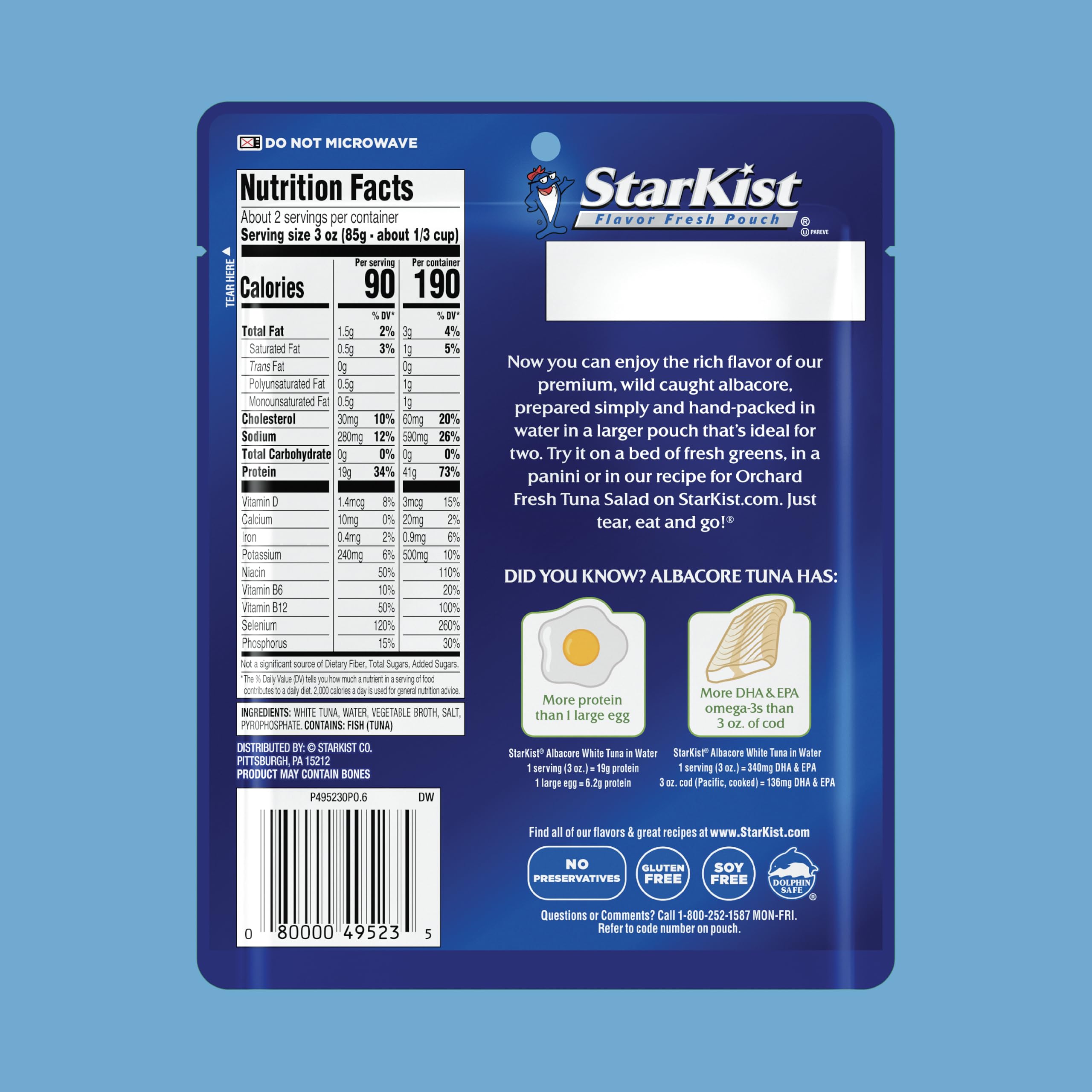 StarKist Albacore White Tuna in Water, 6.4 oz Pouch (1 Pack) Ready to Eat Wild Caught Tuna, 19g Protein & 90 Calories Per Serving, Gluten Free, Soy Free, Kosher, Perfect for Meals & Snacks