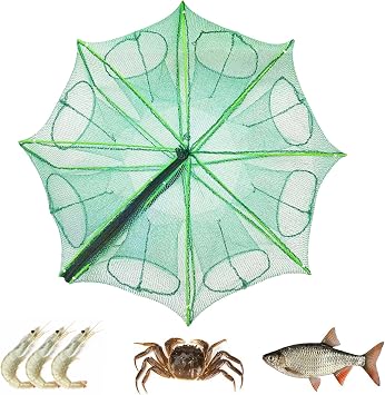 8 Holes Foldable Fishing Bait Trap 27.5" Large Portable Fishing Net | Collapsible Net Cast Cage with Zipper Rope Minnow Trap for Minnows Lobster Crawfish Shrimp, Green
