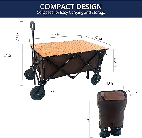 Miniatura 3 de Carrito de jardín plegable con parte superior enrollable de madera, mango ajustable, puerta de caída, ruedas todo terreno, marco plegable resistente