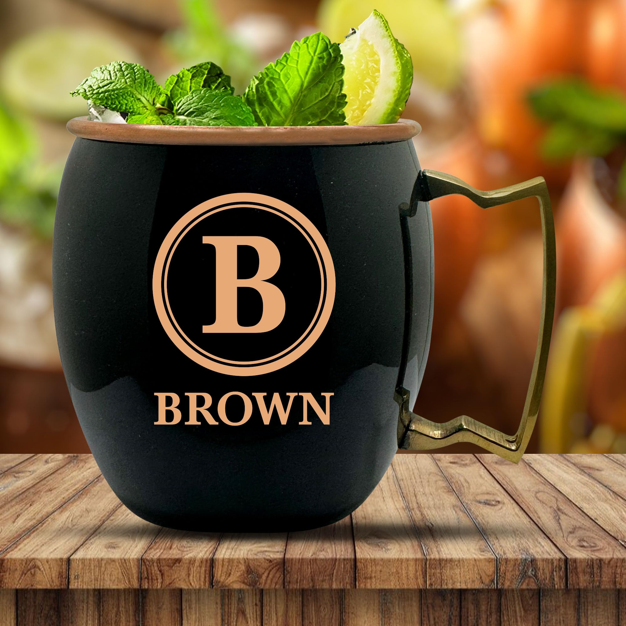 Custom Copper Moscow Mule with Smooth Painted Finish - Engraved Bar Style 100% Copper Cup with Personalized Stamp Initial Family Themed Engraving, Brass Handle | 18 oz, Black | Set of 2