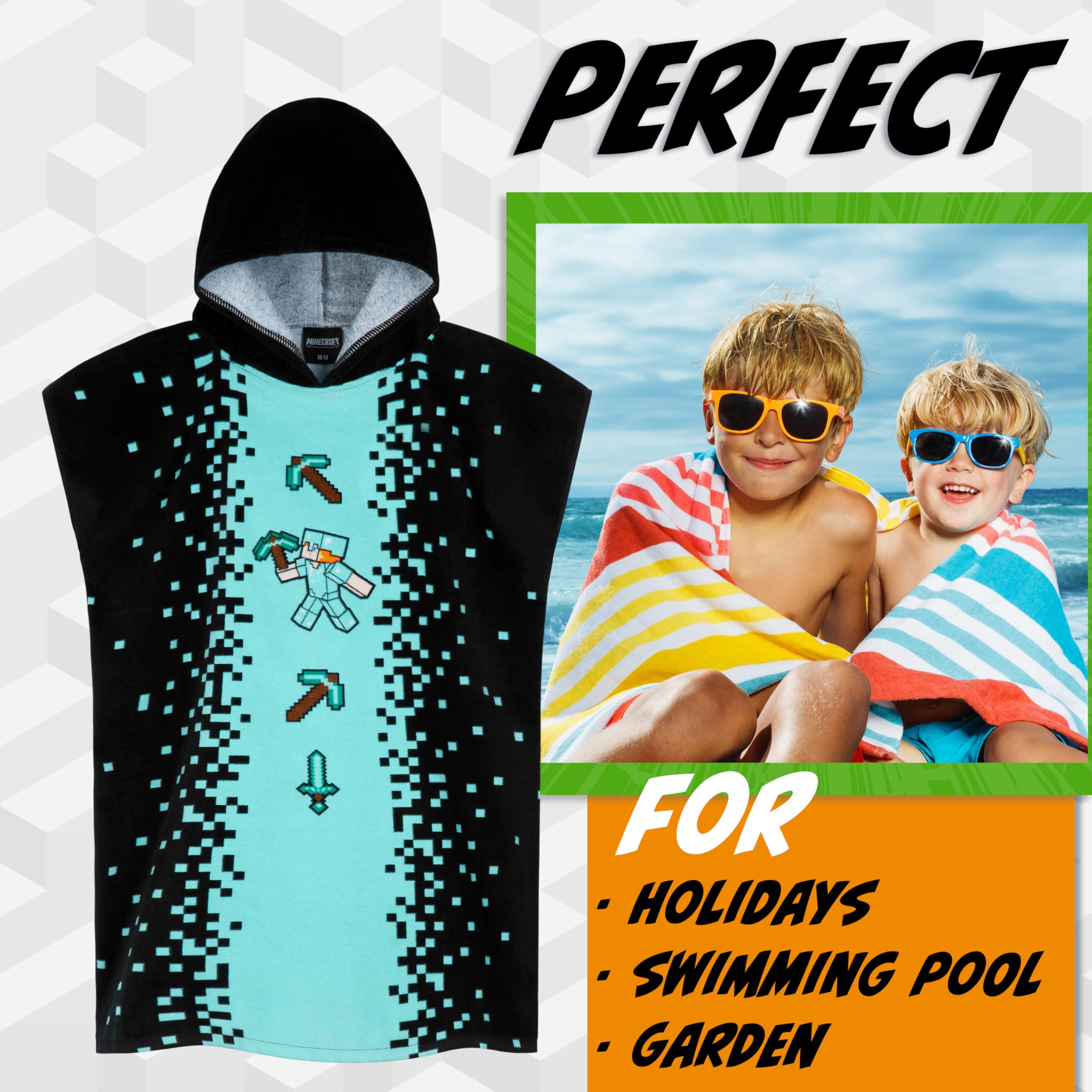 Minecraft Bath Towel with Hood for Kids and Teenagers Changing Robe Absorbent Creeper Poncho Towel for Swimming Bath Shower Beach Holiday Essentials (Black/Blue - Image 2