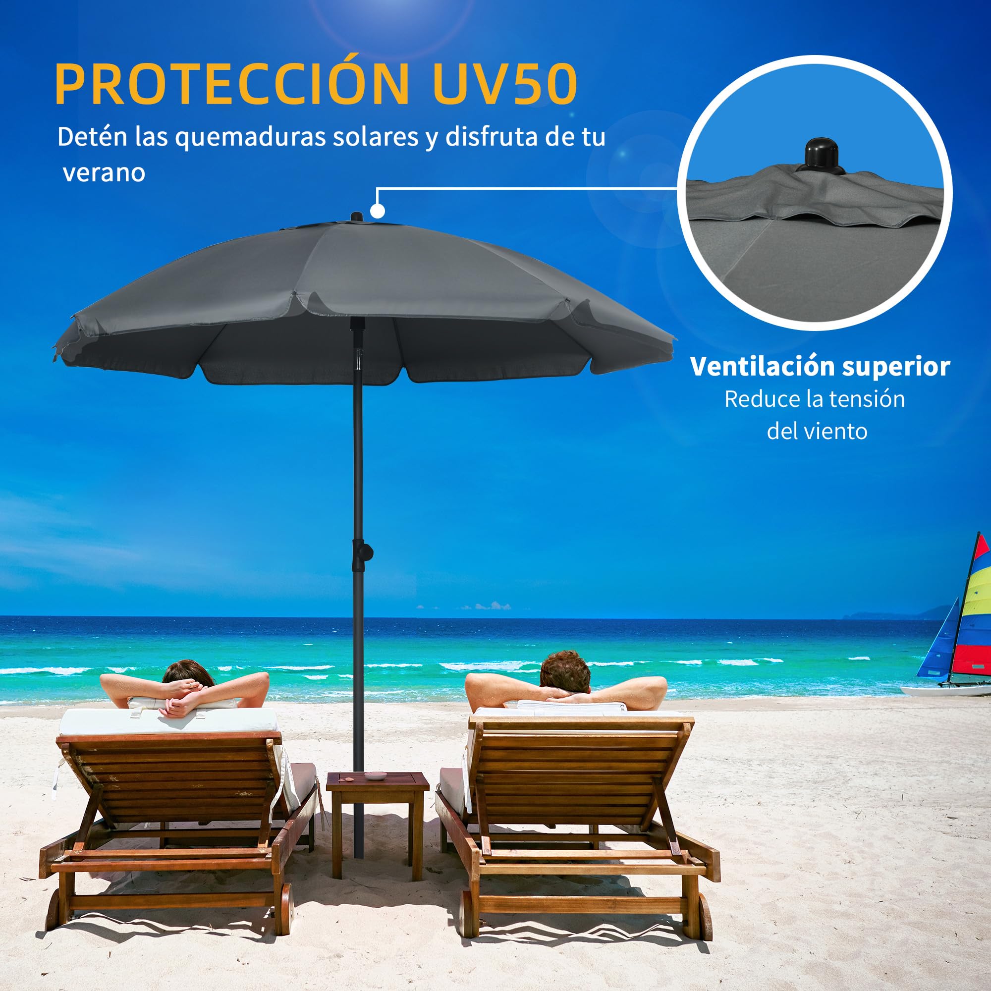 Outsunny Sombrilla de Playa Ø180 cm Toldo Inclinable 45° UV50+ Azul | Sombrilla de Terraza Exterior Grande, Impermeable, Mástil de Ø32 mm