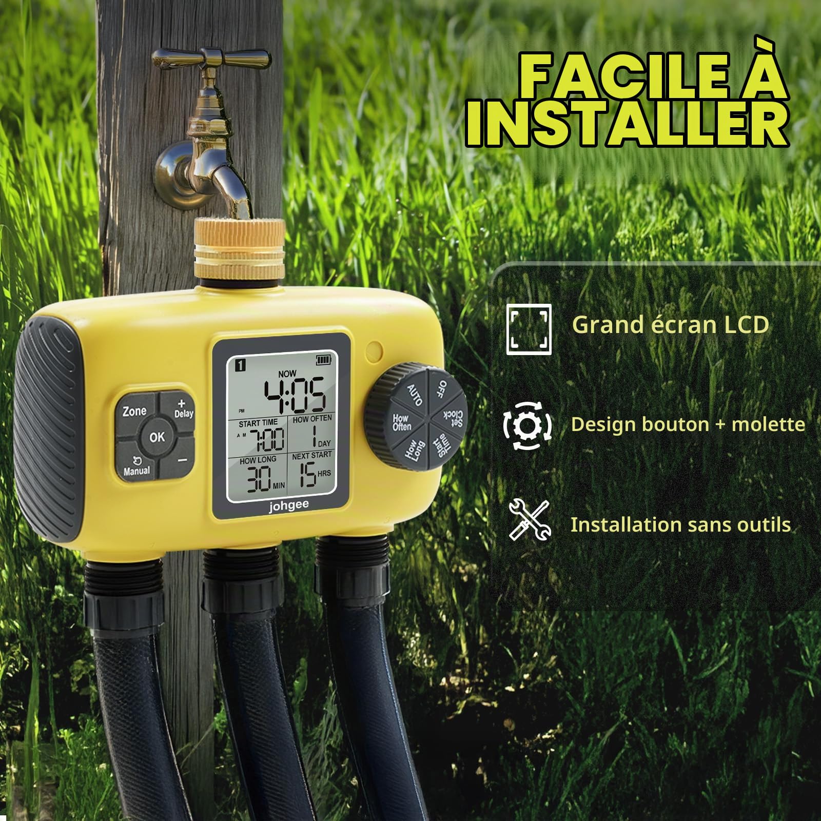 Johgee Programmateur Arrosage 3 Voies avec Entrée en Laiton, Minuteur Arrosage Automatique avec Retard de Pluie/Irrigation Manuelle, pour Serre, Pelouse et Jardin