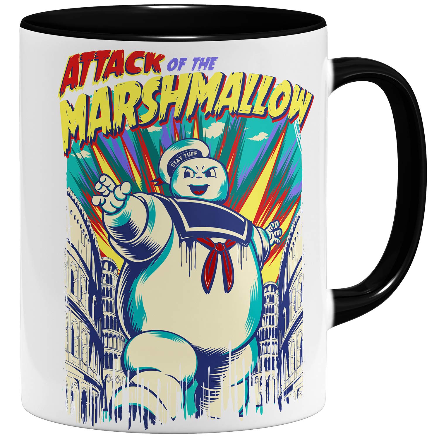 OM3Ghost Marshmallow Attack Coffee Mug, Ceramic Mug, 11 oz 325 ml, Printed on Both Sides, Black