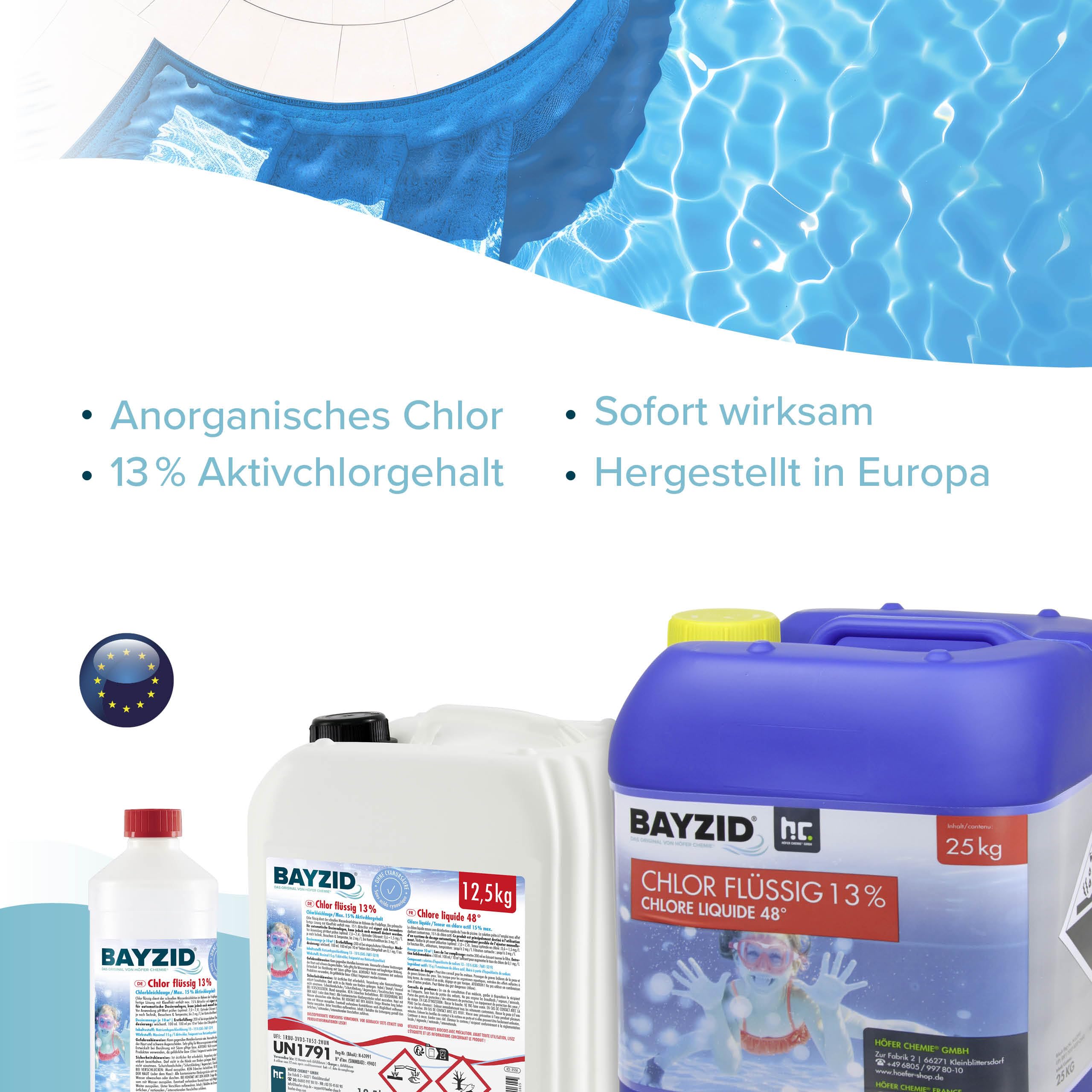 Höfer Chemie 12,5 kg Pool Flüssigchlor BAYZID - mit 13 bis 15% Aktivchlorgehalt zur Poolpflege und Wasserdesinfektion - Made in Germany