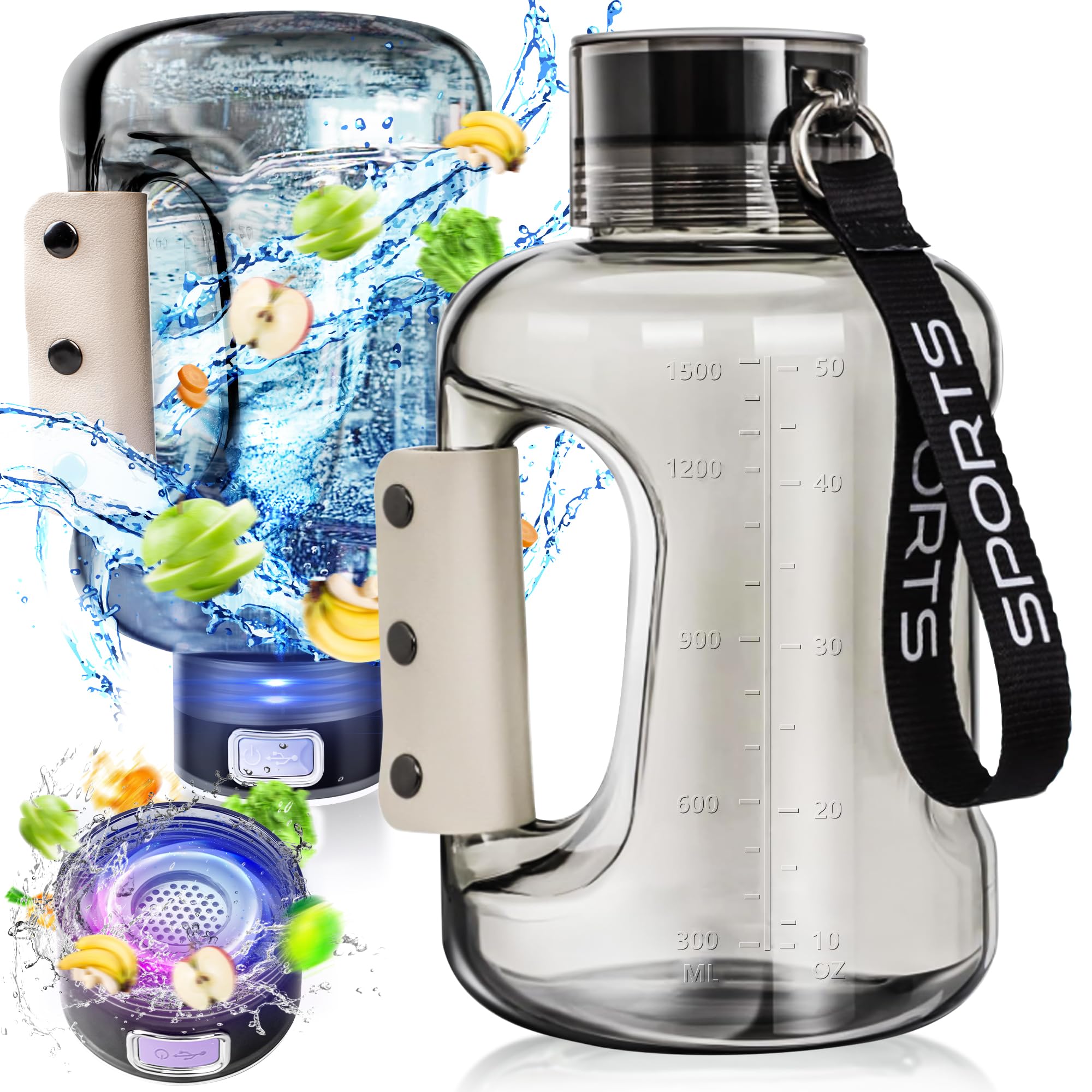 Hydrogen Water Bottle, 50.7oz/1.5L Large Hydrogen Water Bottle Generator, Ion Water Bottle Improve Water Quality in 3 Minutes, Water Ionizer Machine Suitable for Travel and Fitness Drinking(Black)