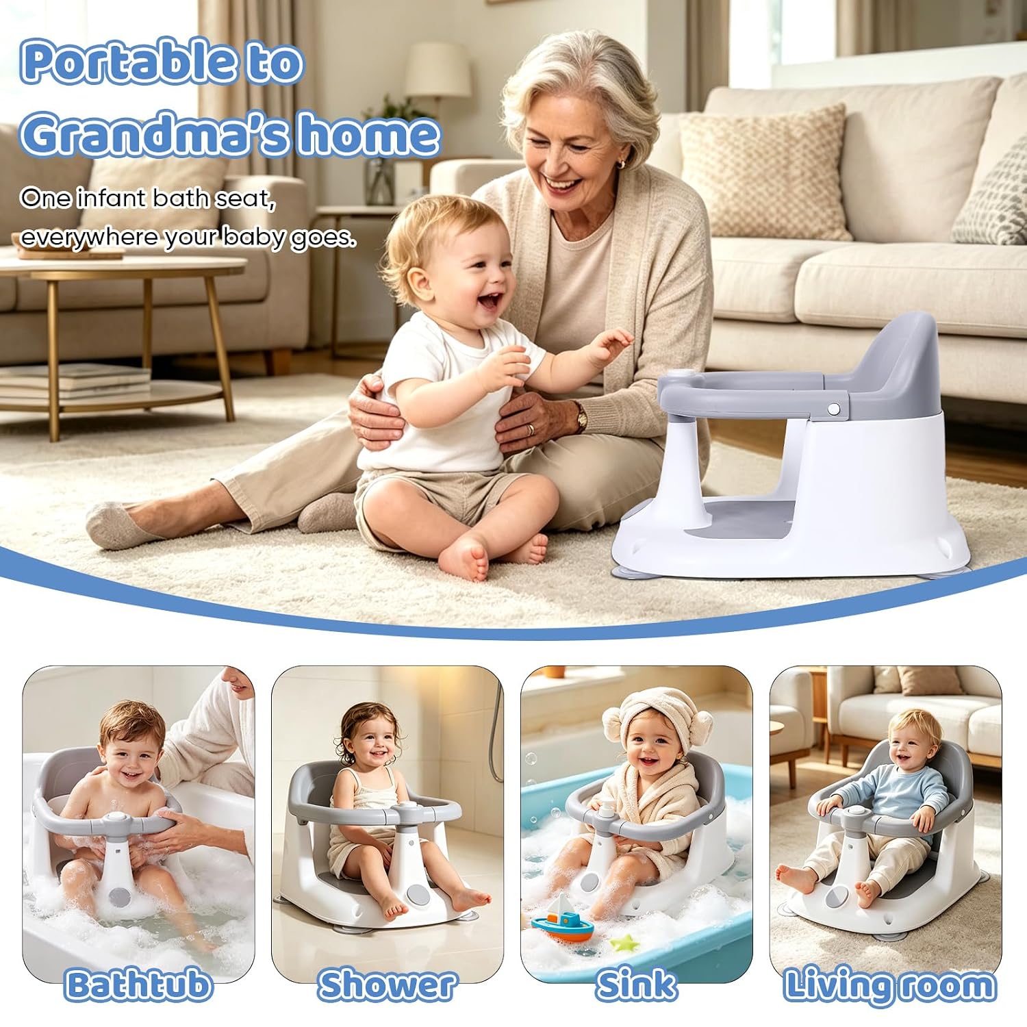 Baby Bath Seat for 6-24 Months, Bath Seats for Babies Sitting Up with 4 Locking Suction Cups & Soft Cushion, Non Slip Anti Tip One Touch Armrest Toddler Bathtub Chair for Smooth Tubs, Grey