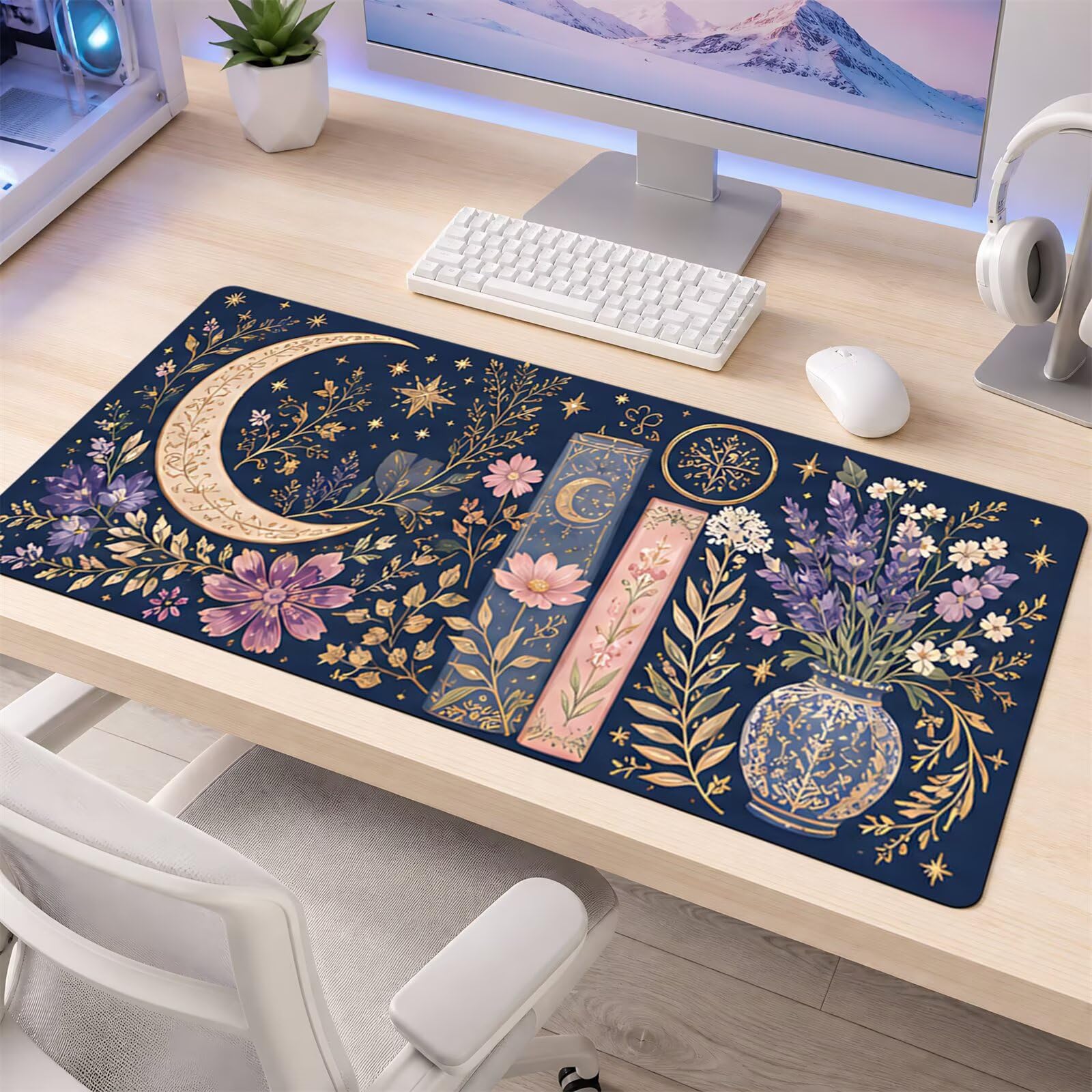 Tappetino per Mouse da Gioco XXL 1200x600x3 mm, Desk Pad Grande con Bordi Cuciti, Base in Gomma Antiscivolo, Accessorio per Ufficio e PC (Libri Sui Fiori Luna)