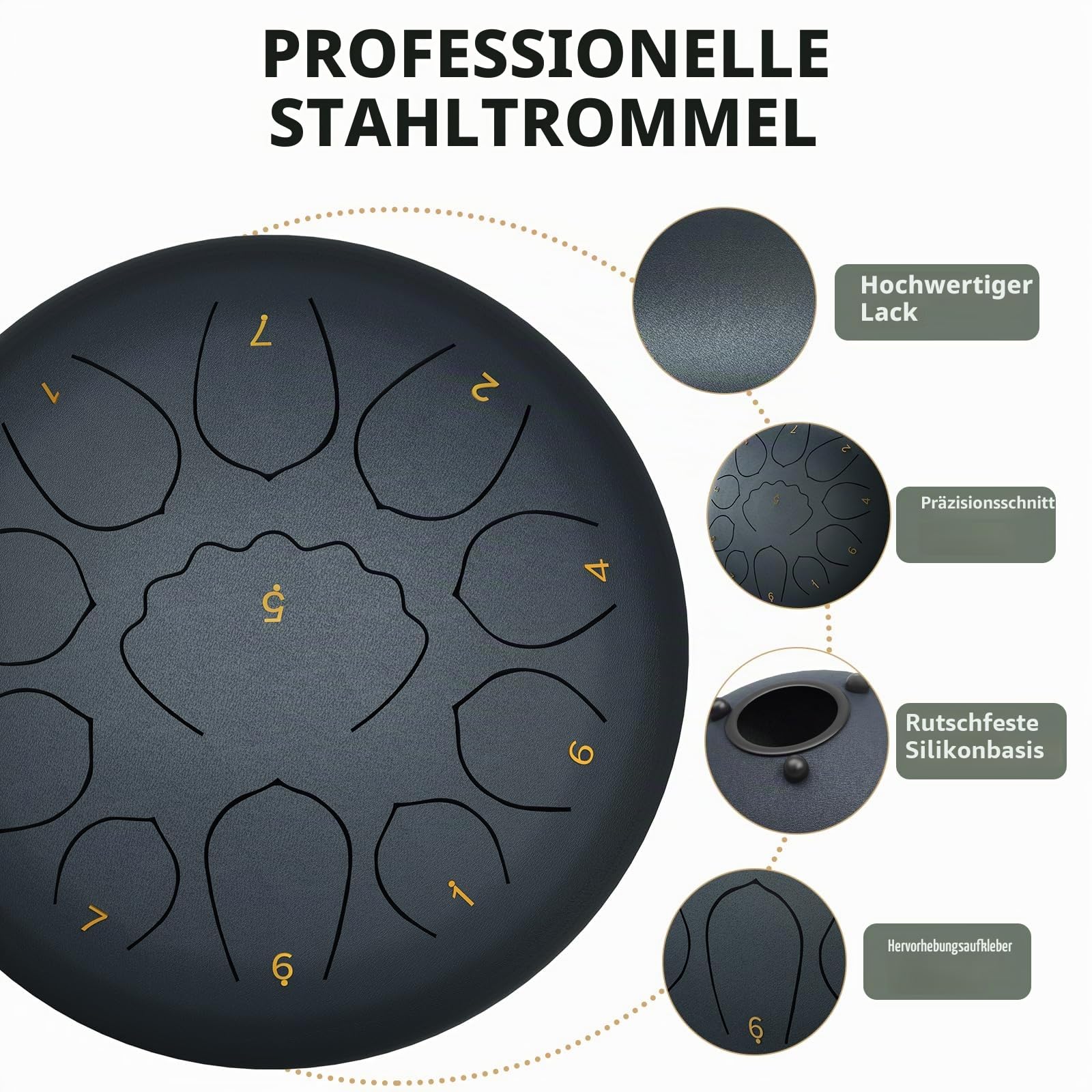 20,3 cm Stahlzungentrommel, 11 Noten, A-Dur, Handpan-Trommel, tragbare Regentrommel, Outdoor-Percussion-Instrument mit Schlägeln, Fingerplektren, Tragetasche, Musikbuch, Anfänger, Yoga, Meditation