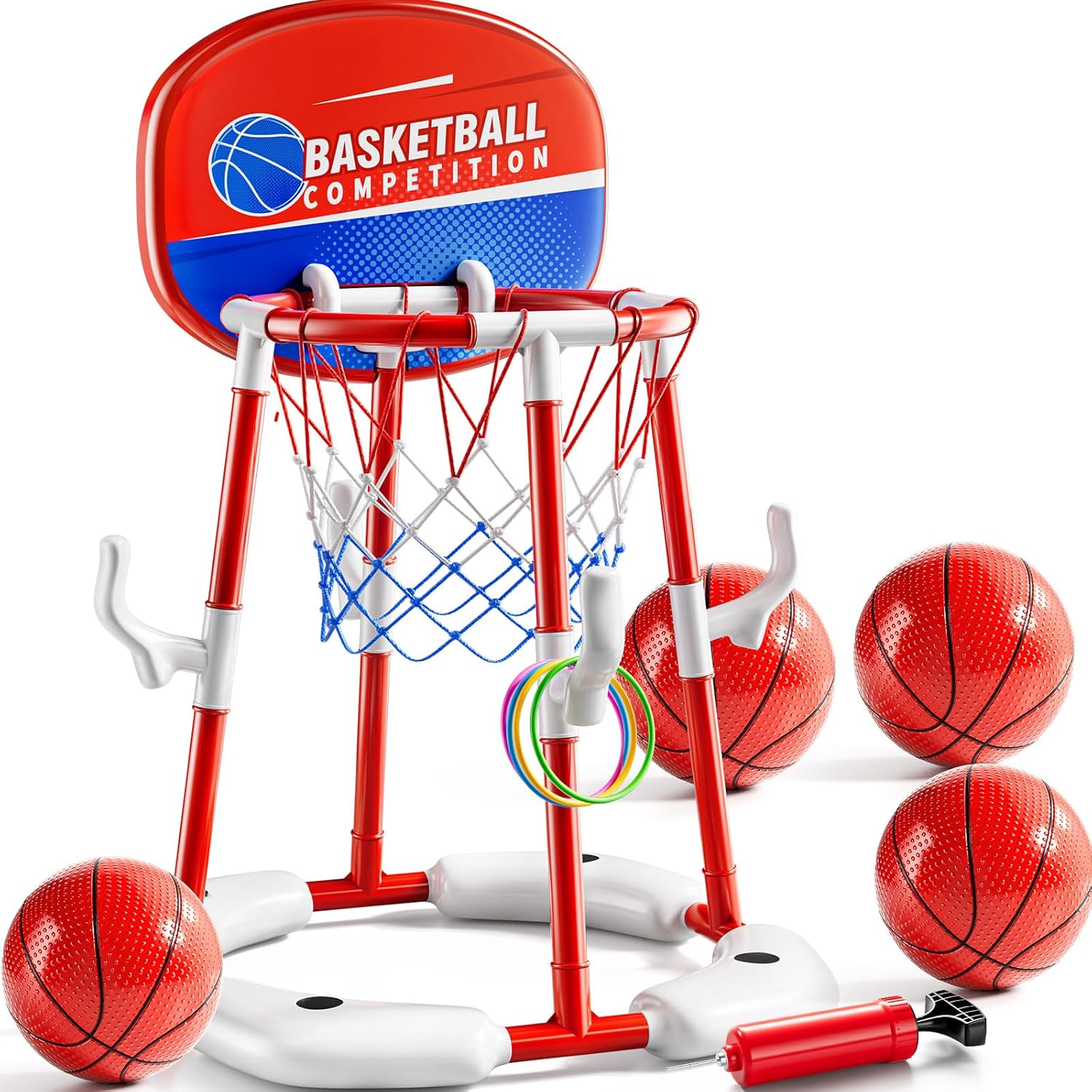 NIPLOOOW 2 in 1 Pool Basketball Hoop, Floating Pool Toys with 4 Balls & 12 Ring Toss Game for Kids Ages 4-8 8-12, Outdoor Swimming Water Basketball for Poolside Family Party for Adults Kids 3-12