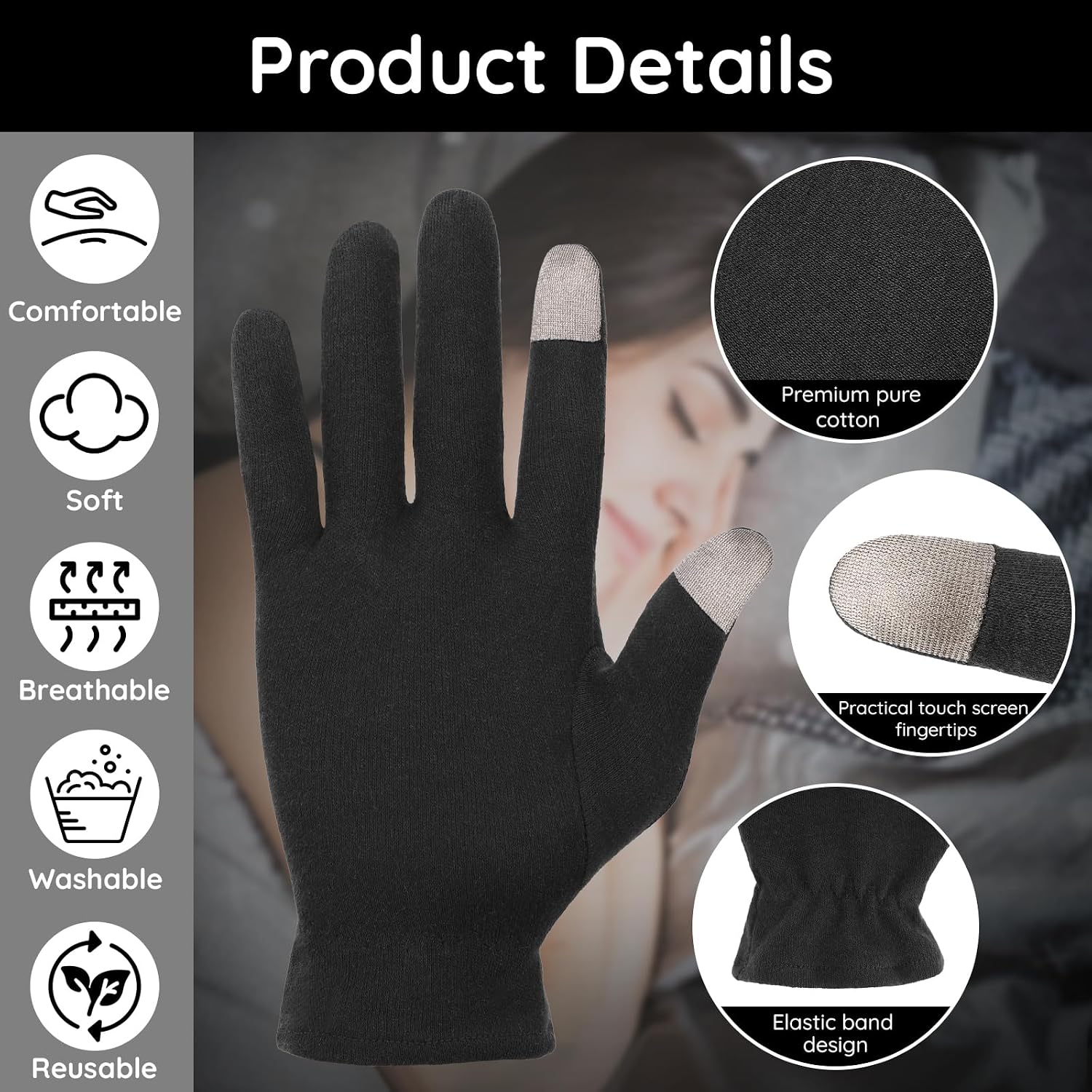 Segbeauty 20 Counts Elastic Cotton Work Gloves Black with Touchscreen Fingers, 10 Pairs Sleep Moisturizing Lotion Gloves Overnight for Women with Elastic Band, Gel Spa Cotton Work Glove for Arts Coins