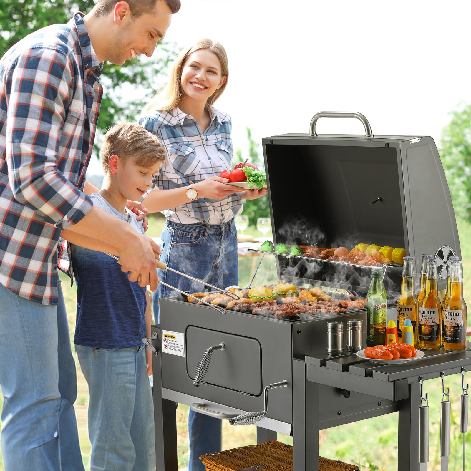 Barbecue Charbon de Bois XL, Chariot à Barbecue, Grill XL à Charbon avec Couvercle, 2PCS Roues, Thermomètre, Réglable en Hauteur, Grand Barbecue au Charbon de Bois, pour Camping et Jardin, Gris