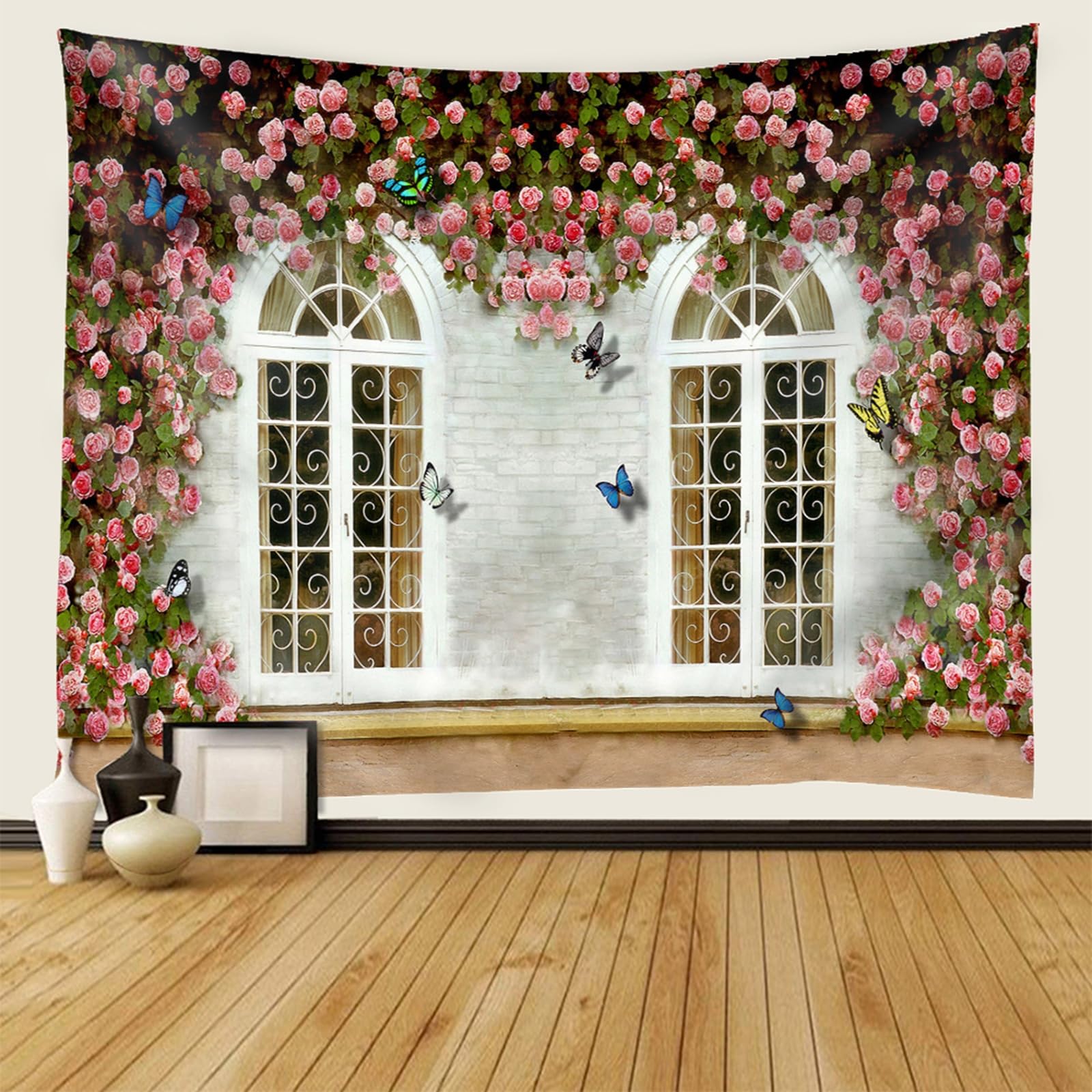RDSGYZ Dywan ścienny do salonu, duży, 300 x 256 cm, zasłona ścienna do użytku na zewnątrz z motywem Aesthetic 3D, kwiaty i motyle, dekoracja ścienna, do pokoju dziecięcego, sypialni