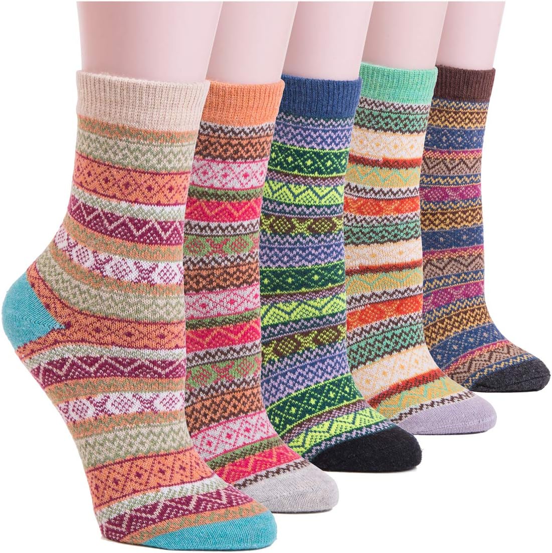 YOMORES Women Socks 5 Pack Vintage Style Cotton Knitting Wool Warm Winter Fall Crew Socks (C1)