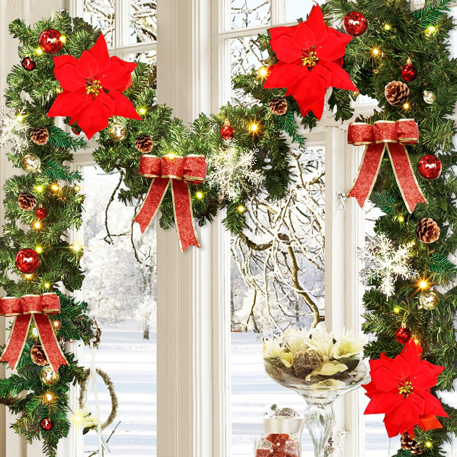 Christmas Decorations Joiedomi Guirnalda De Navidad Preiluminada De 6 Pies  Con 50 Luces LED, Adornos De Bola, Flores De Oro Rosa Y Lazo De Navidad Para  Decoración Navideña En Interiores Y Exteriores,, image size:1500x1500