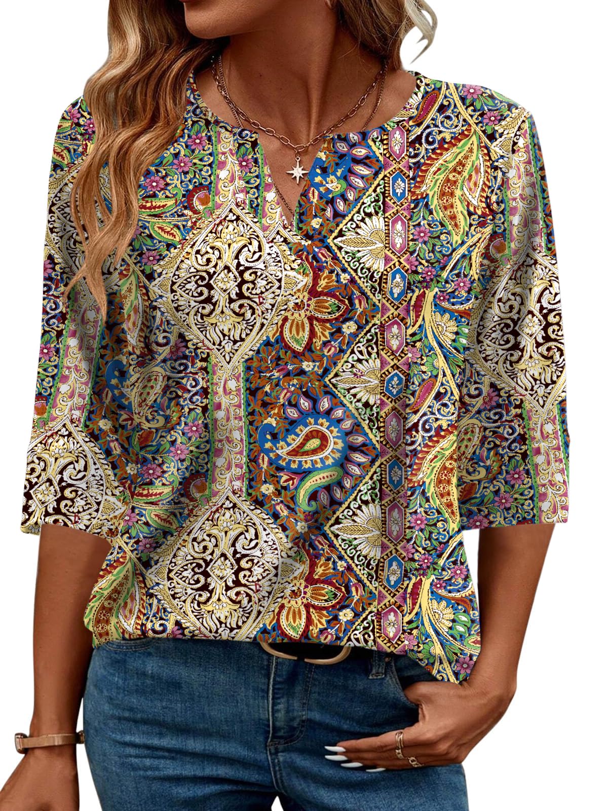 AKEWEI Women's V Neck 3/4 Sleeve T Shirts Summer Top Dressy Casual Basic Tees Shirt Tunic Blouses