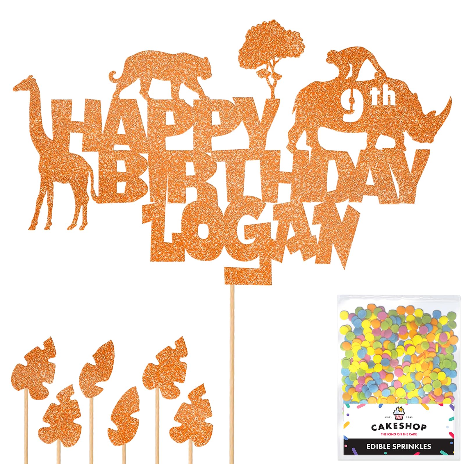 Personalised Jungle Animals Glitter Cake Topper- Orange Any Custom Age & Name Glitter Cake Decoration and Sprinkles - Happy Birthday Decorations - Personalised Toppers for Cakes by Cakeshop — image 1