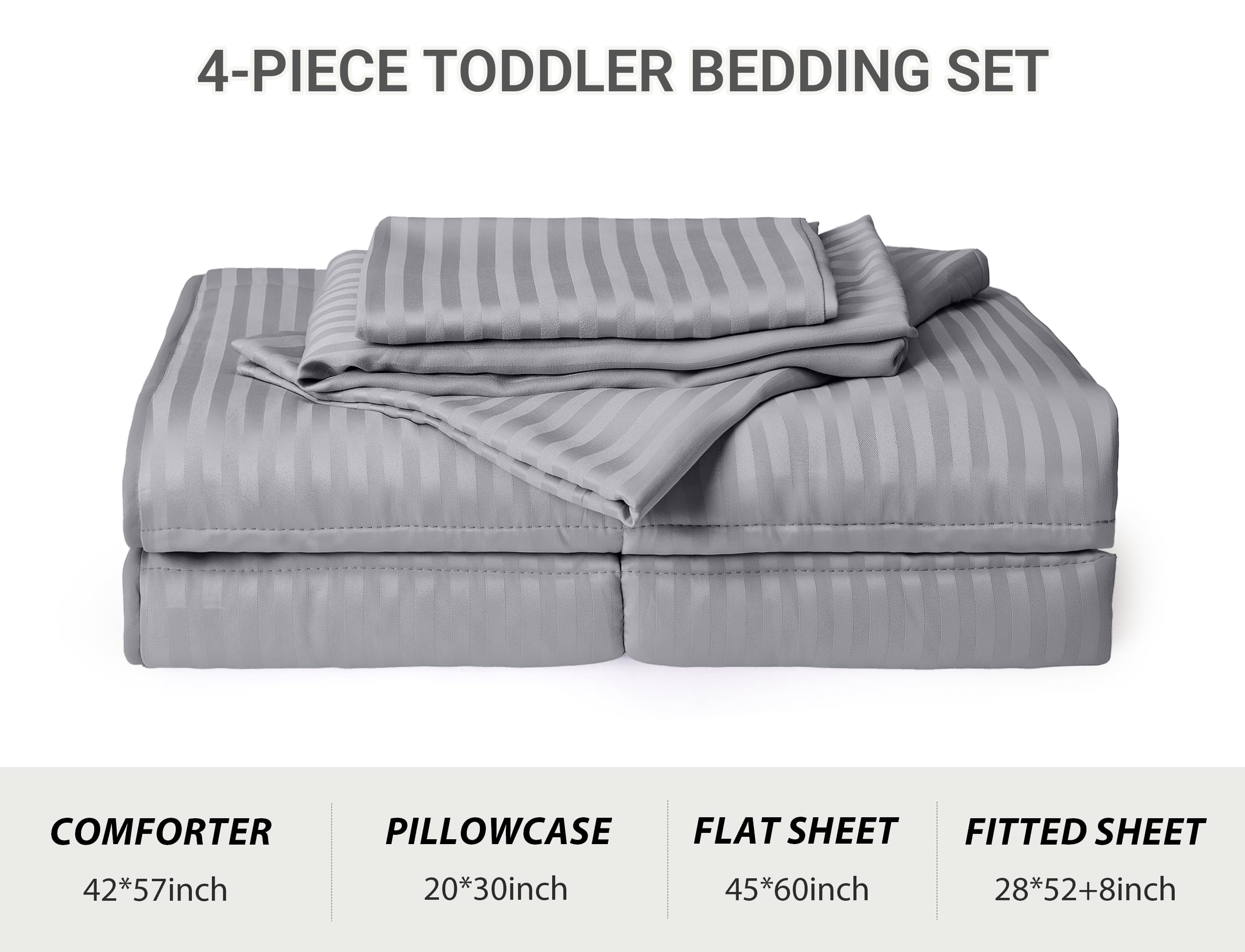 ZPECC Juego de ropa de cama para niños pequeños, juego de ropa de cama suave de 4 piezas para cuna, incluye edredón para niños, sábana encimera, sábana bajera y funda de almohada, rayas grises
