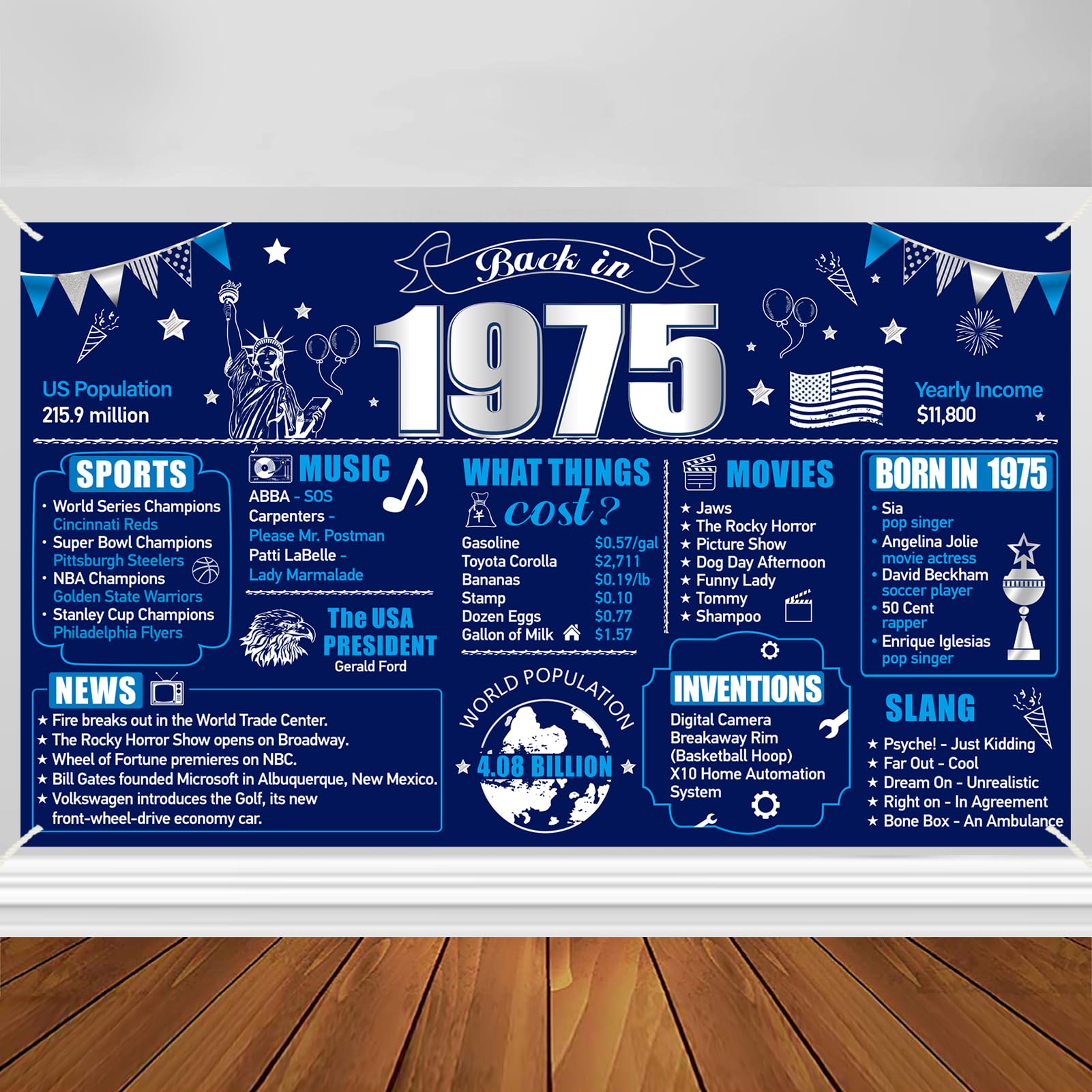 Turypaty Blue Silver 50th Birthday Banner, Back in 1974 Theme, Large Decoration for Men, Polyester, Indoor Outdoor Use