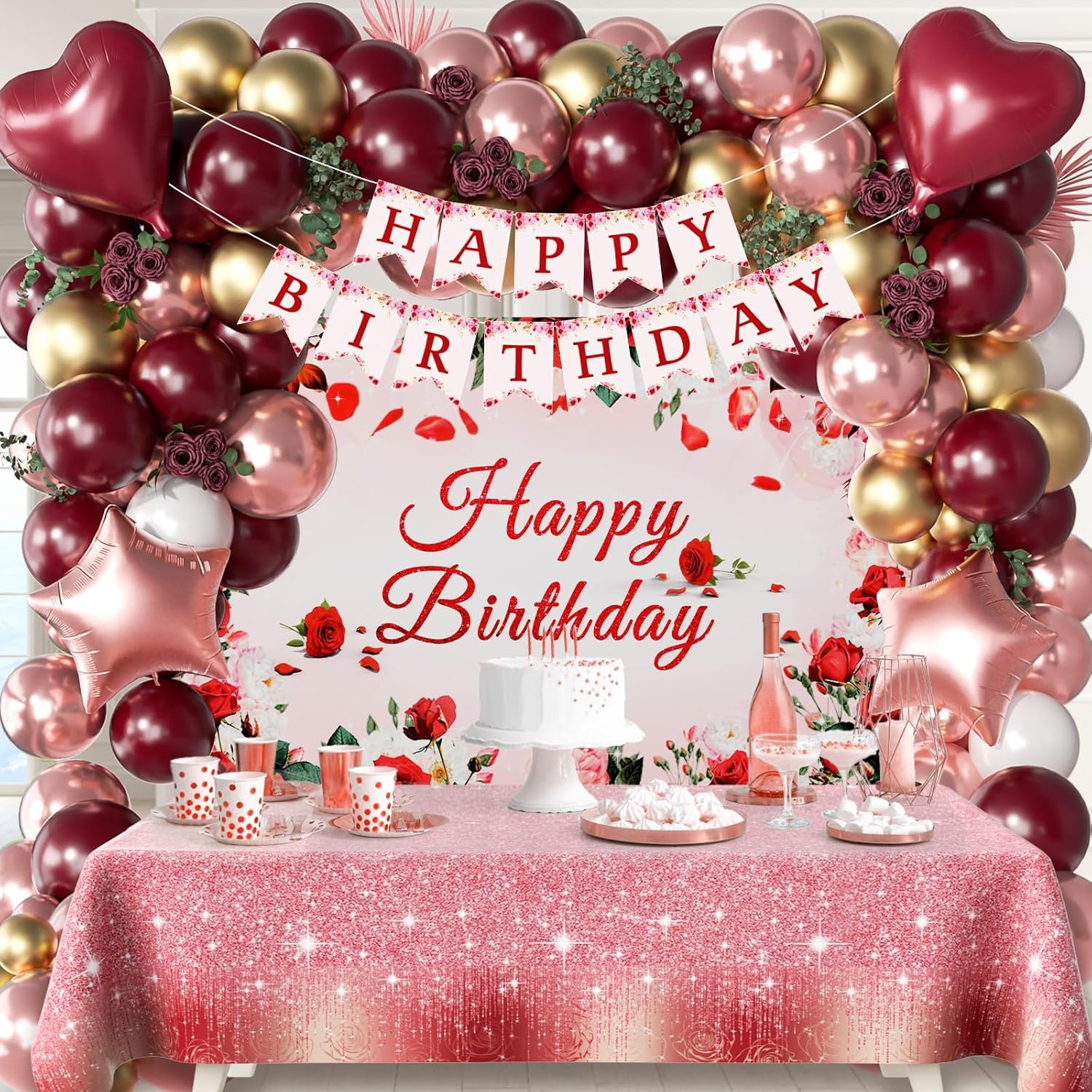 Burgundy Birthday Decorations, Burgundy Rose Gold White Balloons Happy Birthday Banner Tablecloth Backdrop for Happy Birthday Decorations for Women Adults