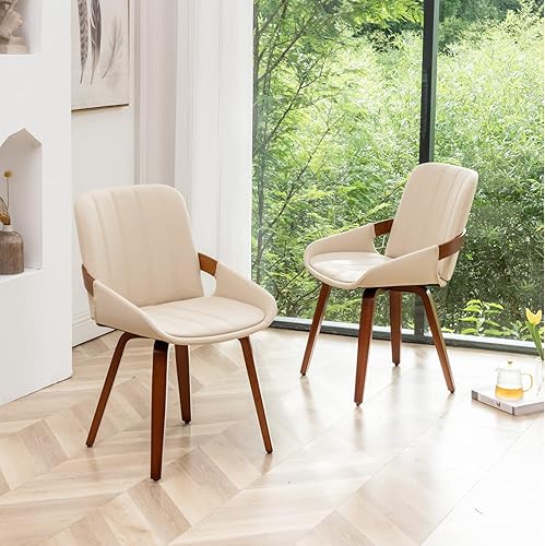 Juego de 2 sillas de comedor tapizadas de cuero sintético beige moderno de mediados de siglo, sillas decorativas sin brazos con patas de madera
